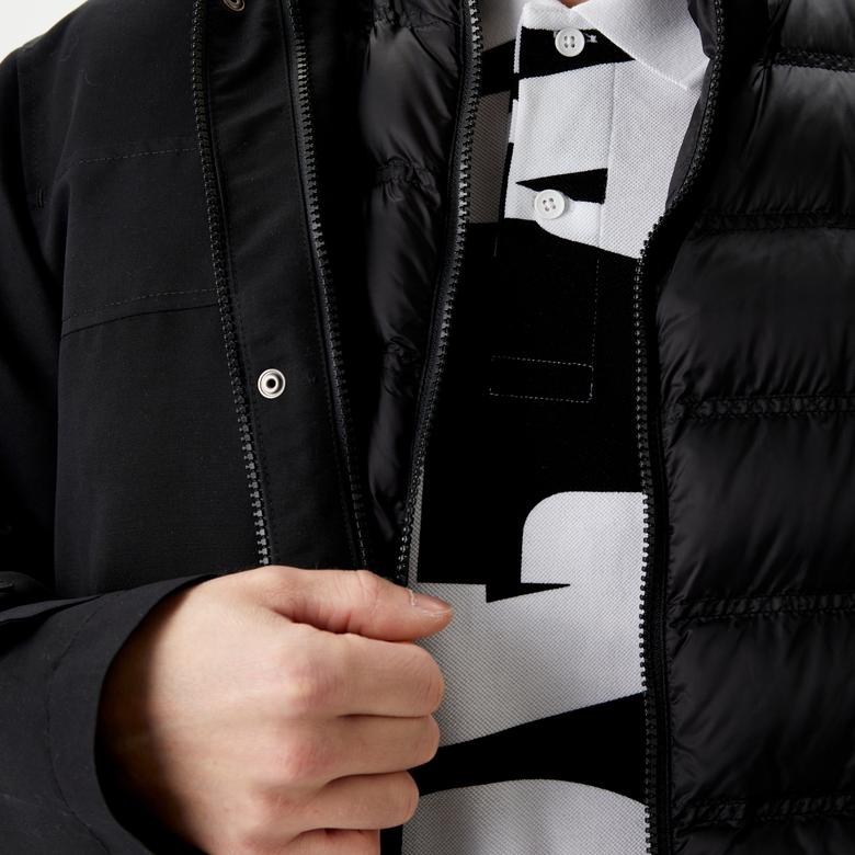 Erkek Kapüşonlu Siyah Çıkarılabilir Yelek Detaylı Mont