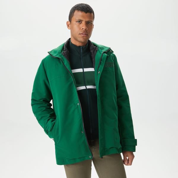 Erkek Kapüşonlu Yeşil Çıkarılabilir Yelek Detaylı Mont