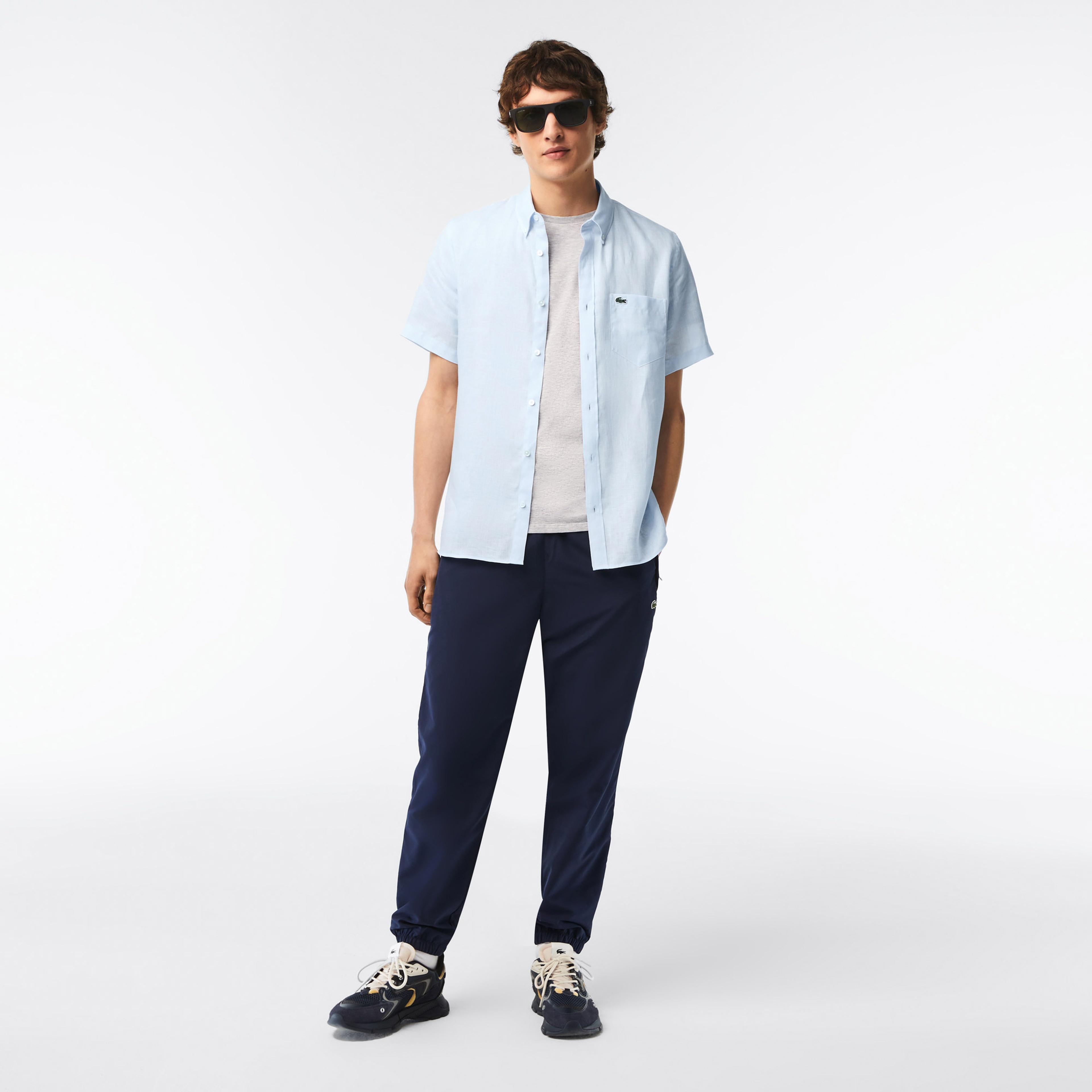 Erkek Regular Fit Kısa Kollu Düğmeli Yaka Keten Açık Mavi Gömlek