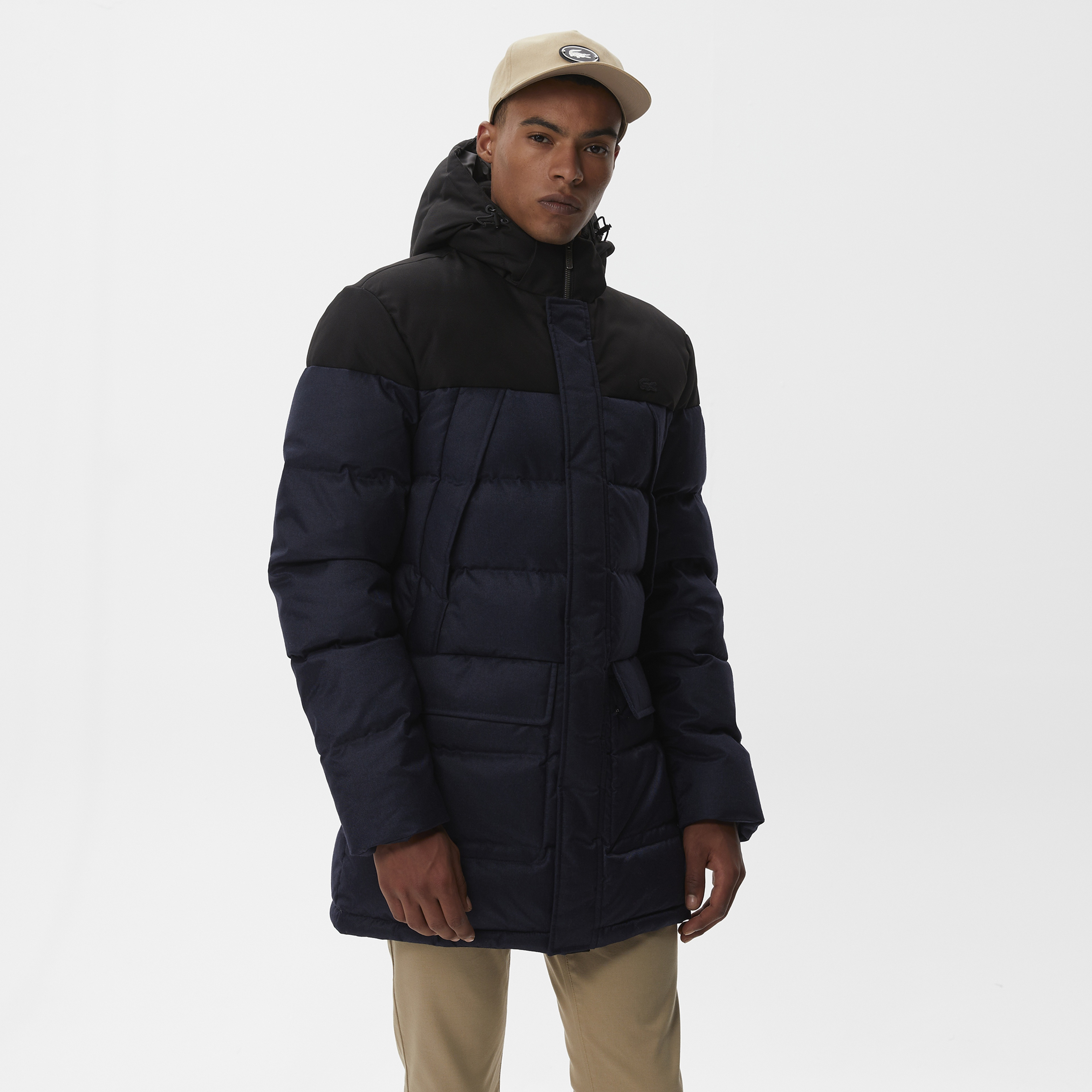 Lacoste Erkek Kapüşonlu Kapitone Renk Bloklu Lacivert Mont