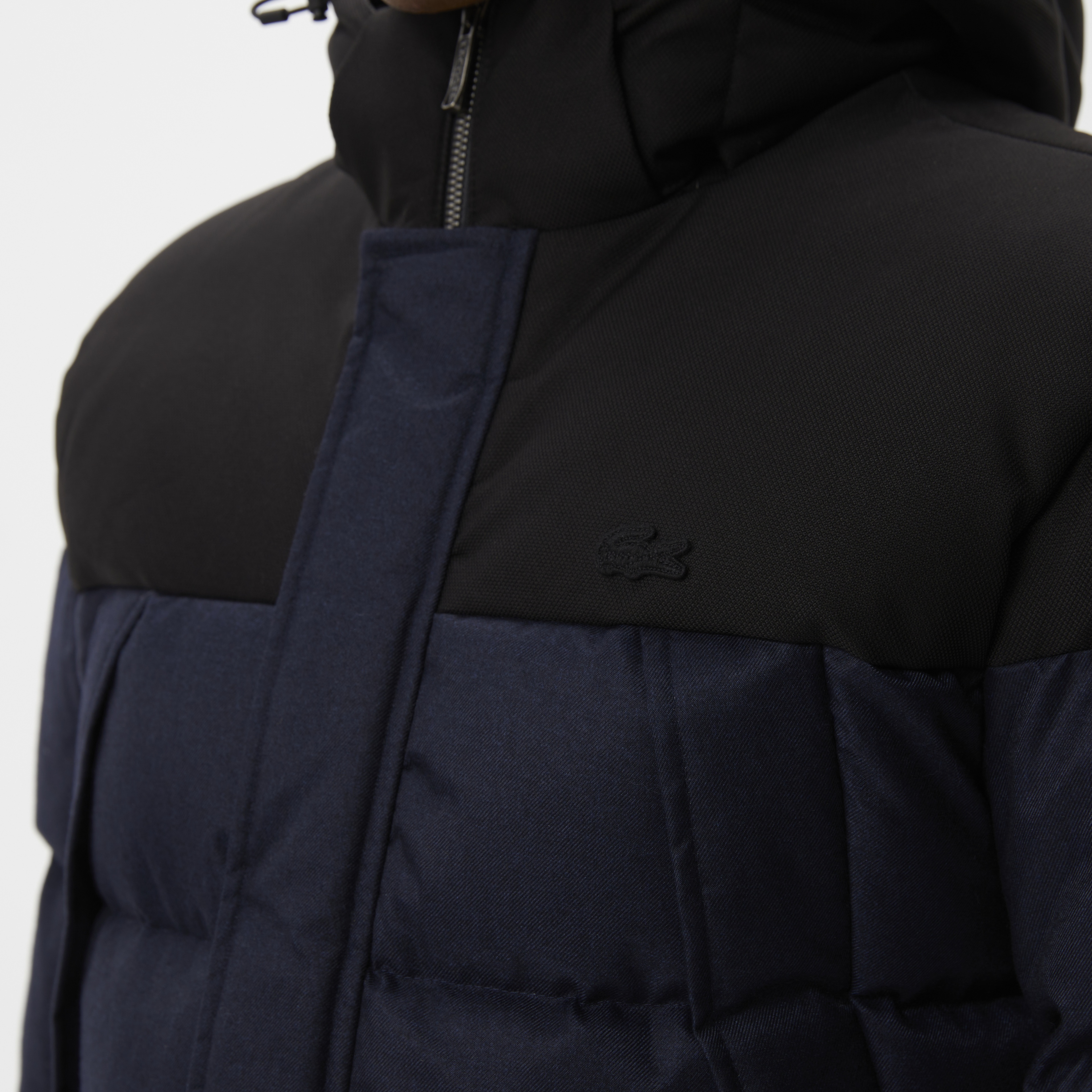 Lacoste Erkek Kapüşonlu Kapitone Renk Bloklu Lacivert Mont