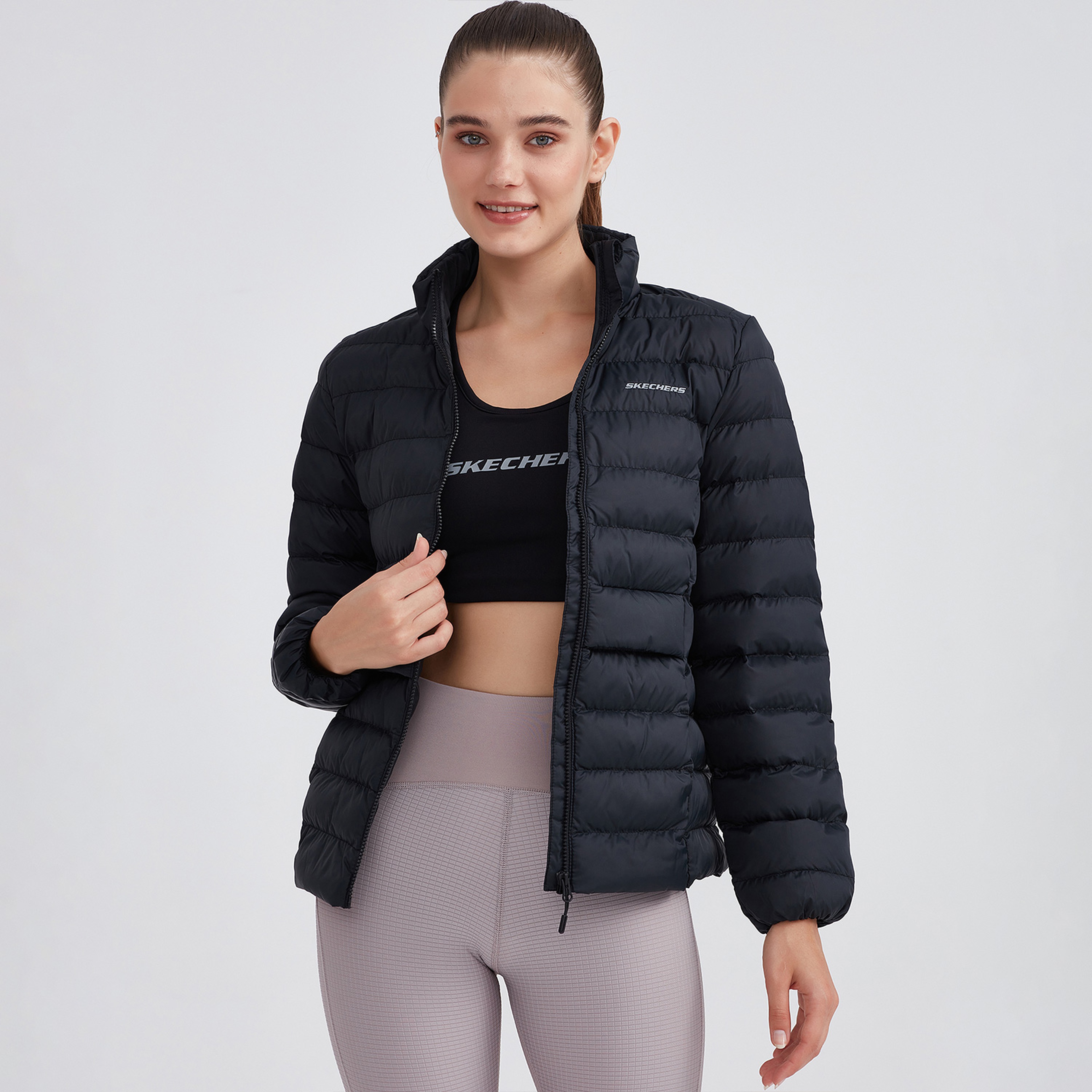 Skechers W Outerwear Pop Up Detailed Padded Kadın Siyah Ceket