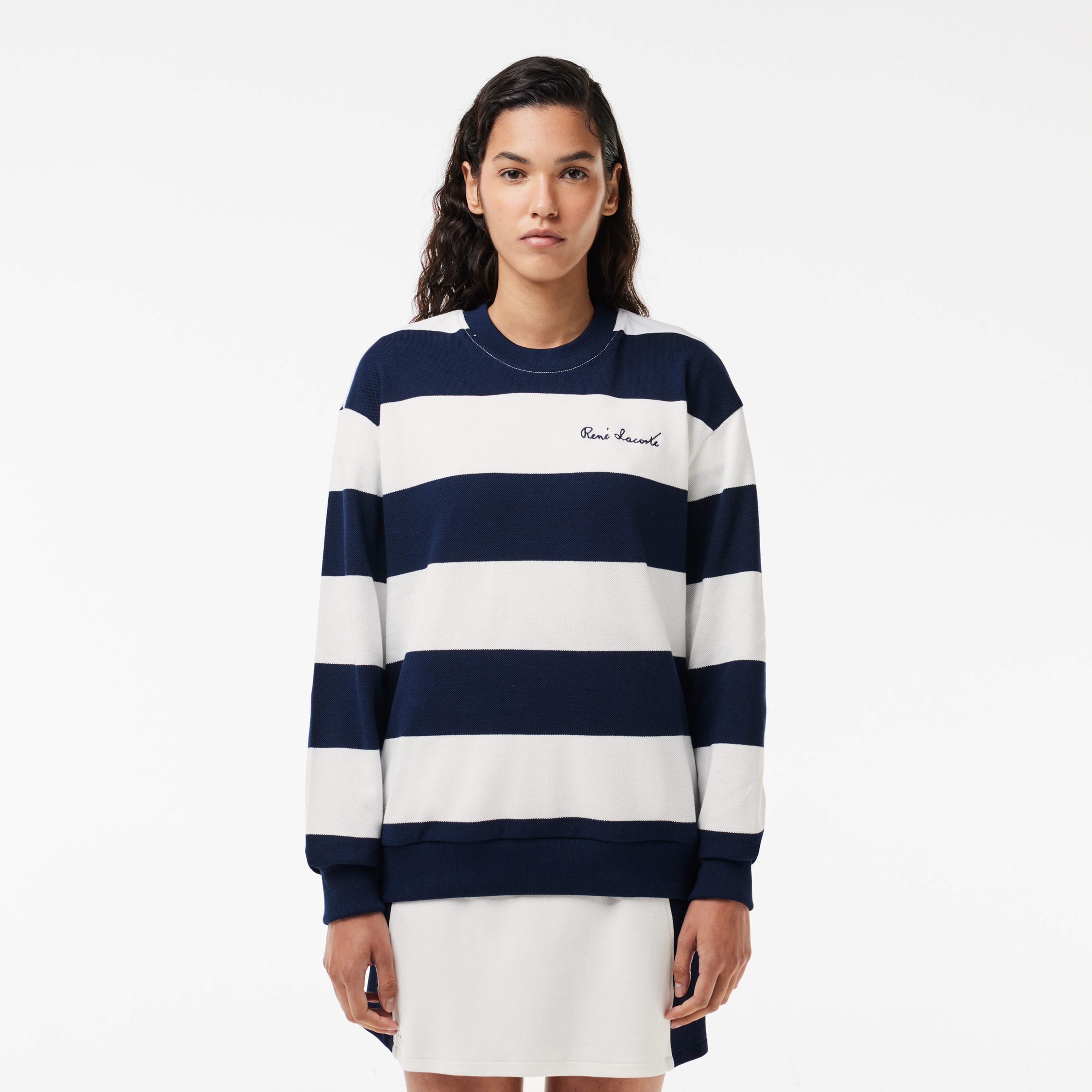 Kadın Bisiklet Yaka Çizgili Lacivert Sweatshirt