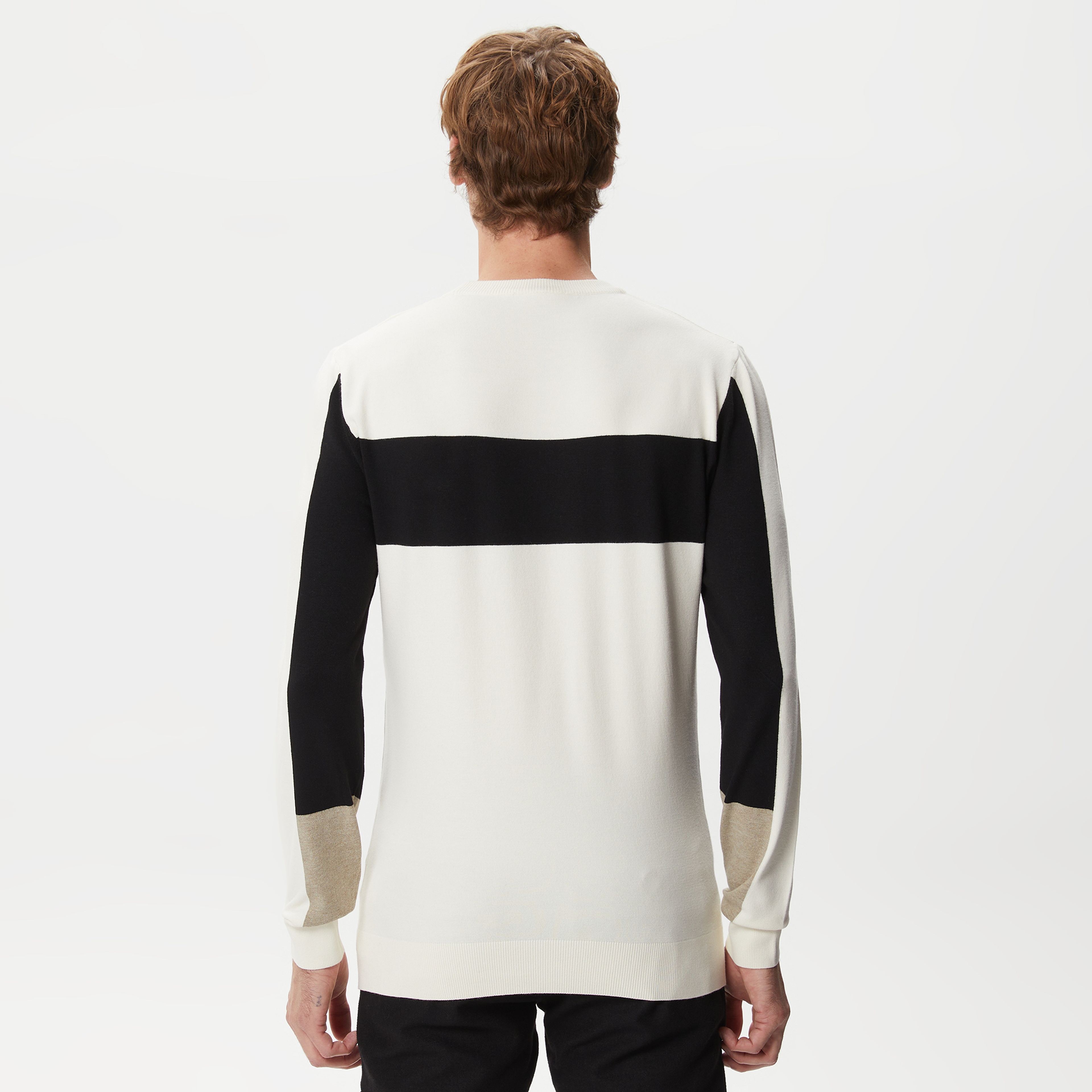 Erkek Regular Fit Uzun Kollu Bisiklet Yaka Renk Bloklu Ekru Triko