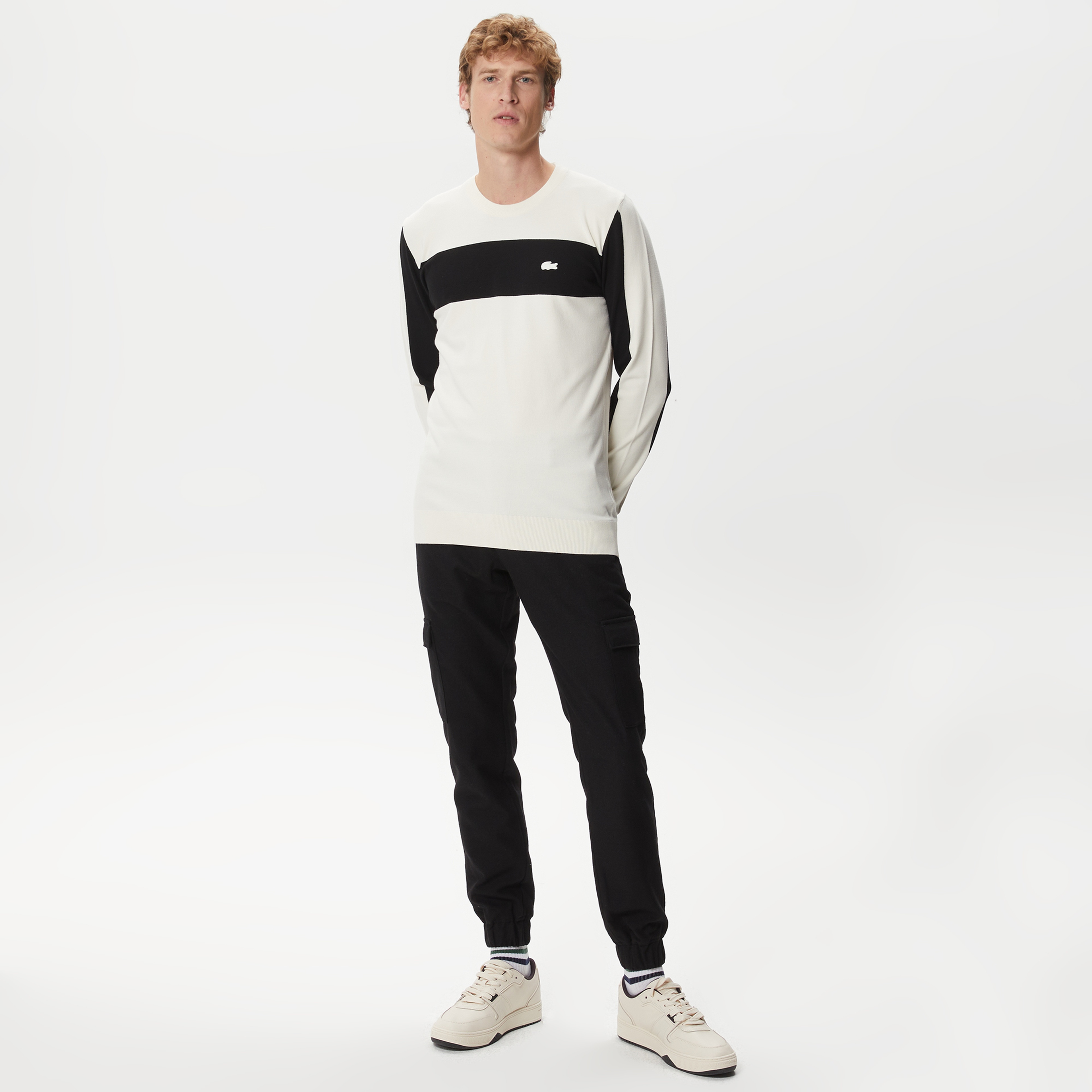 Erkek Regular Fit Uzun Kollu Bisiklet Yaka Renk Bloklu Ekru Triko