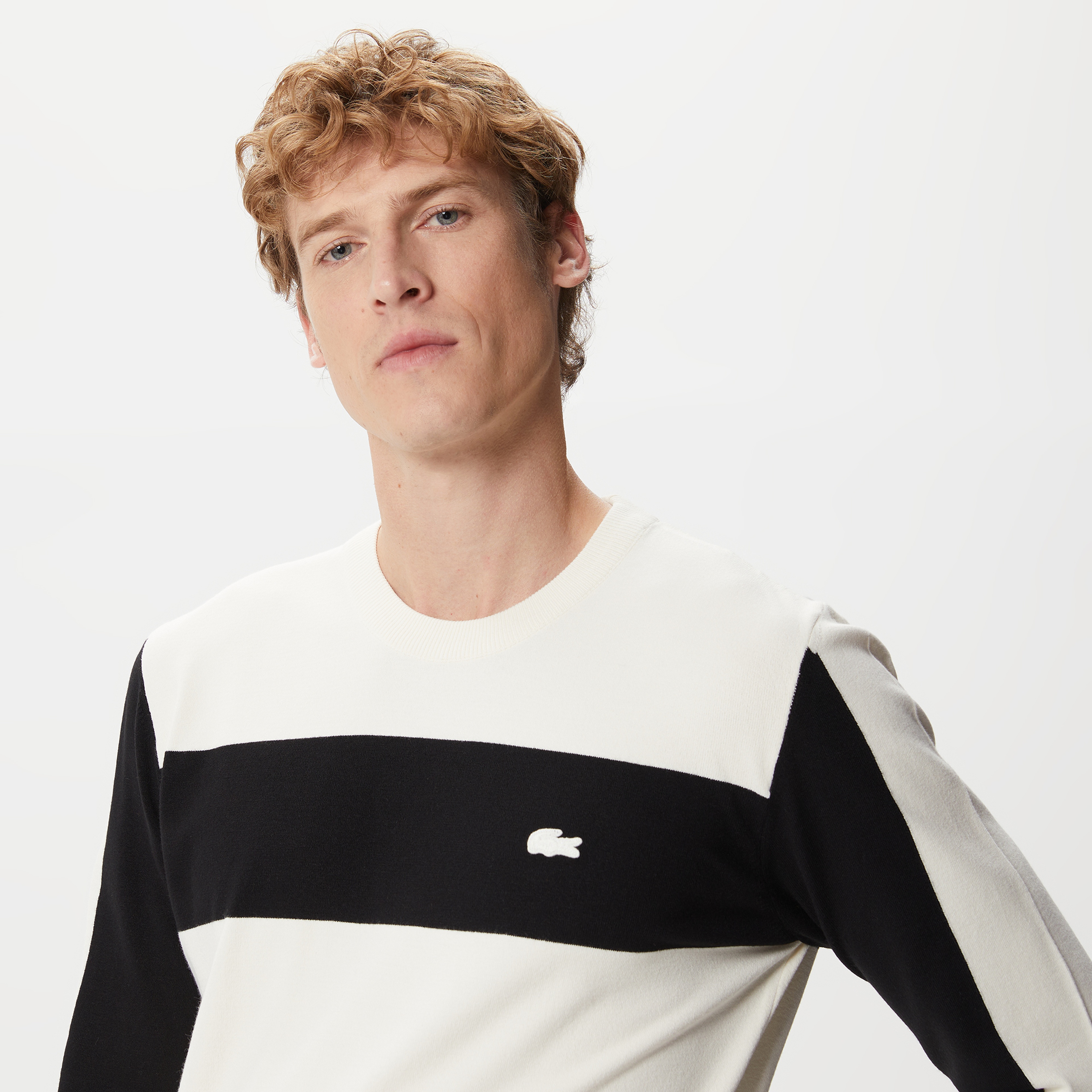 Erkek Regular Fit Uzun Kollu Bisiklet Yaka Renk Bloklu Ekru Triko