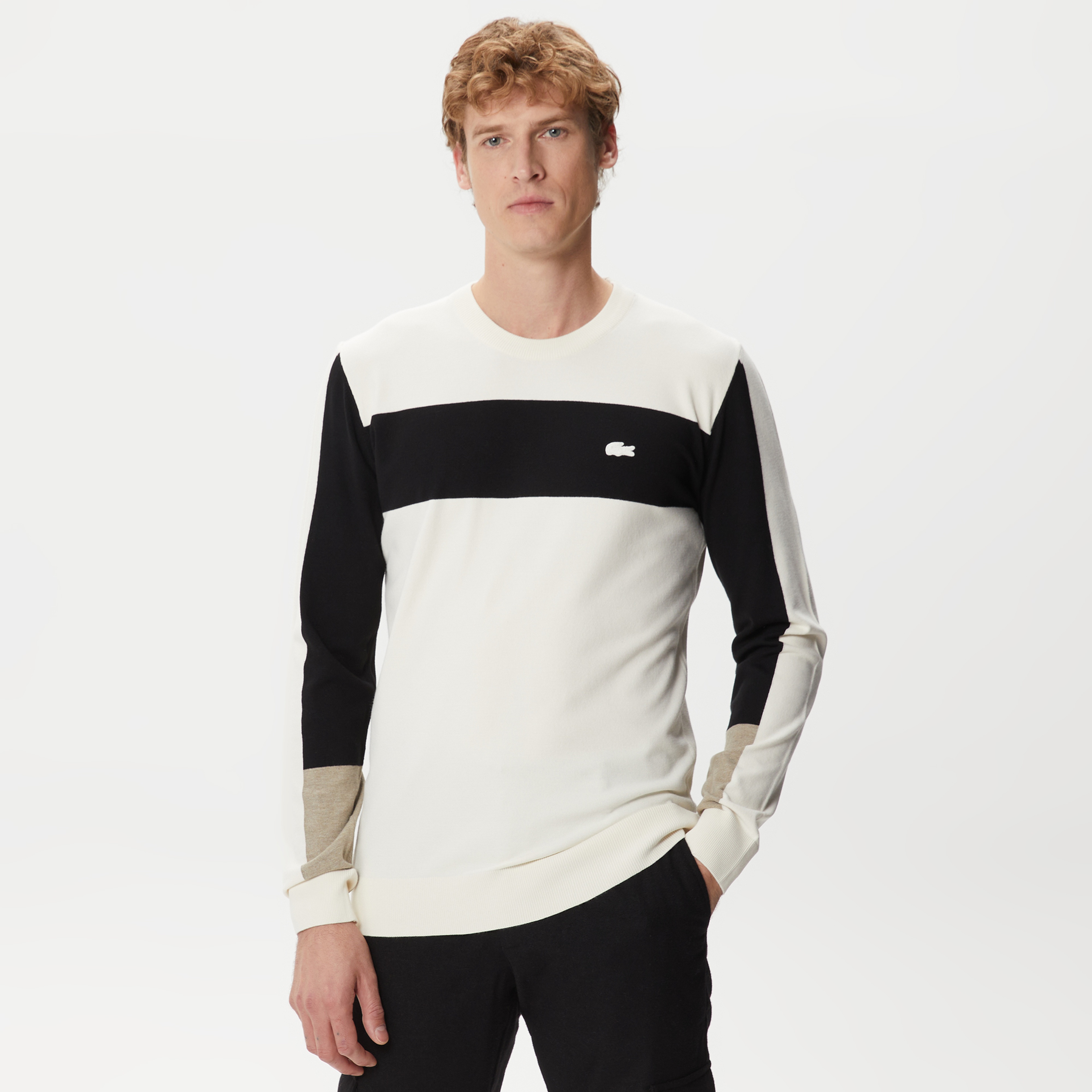 Erkek Regular Fit Uzun Kollu Bisiklet Yaka Renk Bloklu Ekru Triko