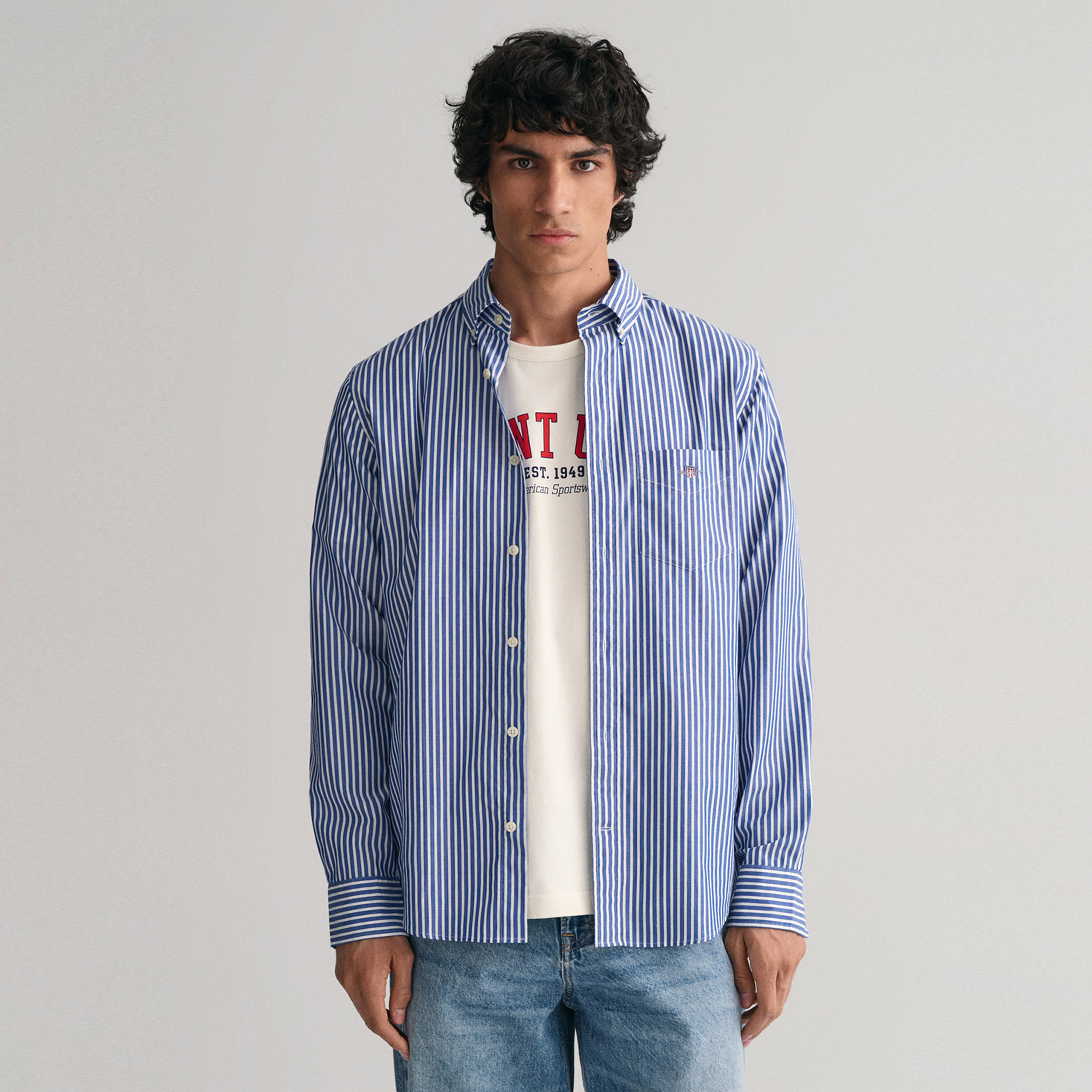 GANT Erkek Mavi Regular Fit Düğmeli Yaka Çizgili Poplin Gömlek
