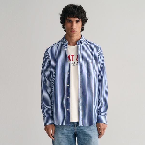 GANT Erkek Mavi Regular Fit Düğmeli Yaka Çizgili Poplin Gömlek