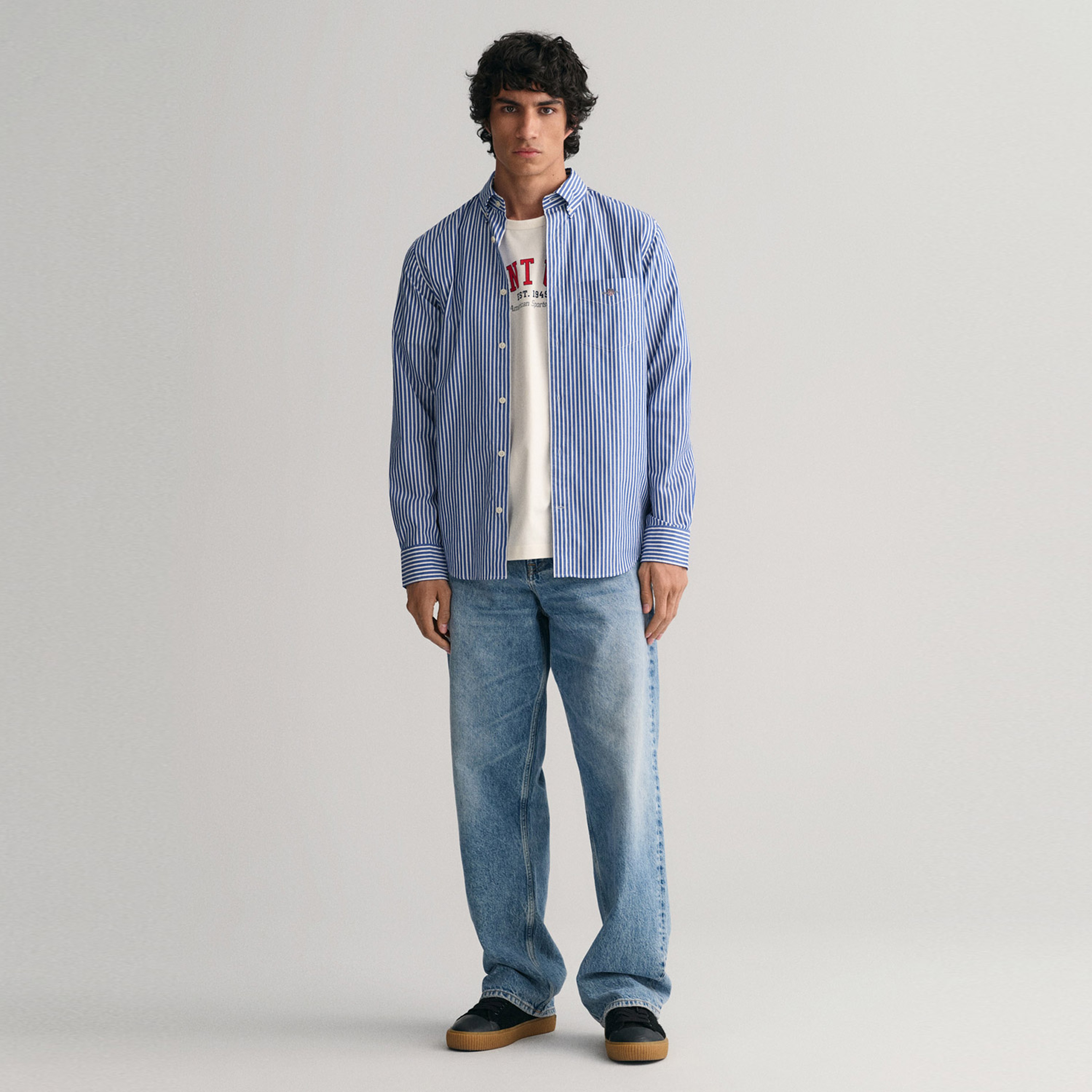 GANT Erkek Mavi Regular Fit Düğmeli Yaka Çizgili Poplin Gömlek