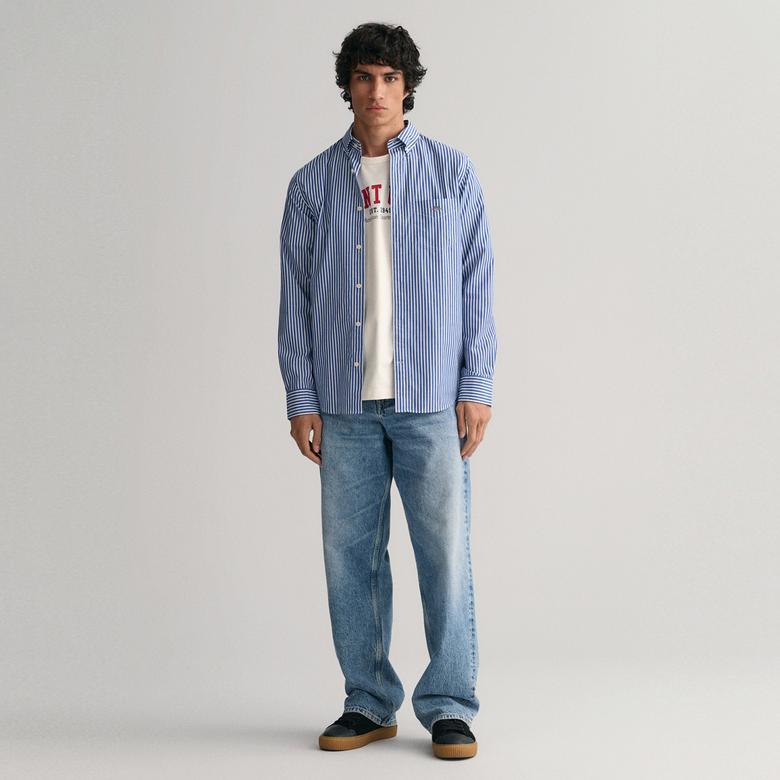 GANT Erkek Mavi Regular Fit Düğmeli Yaka Çizgili Poplin Gömlek