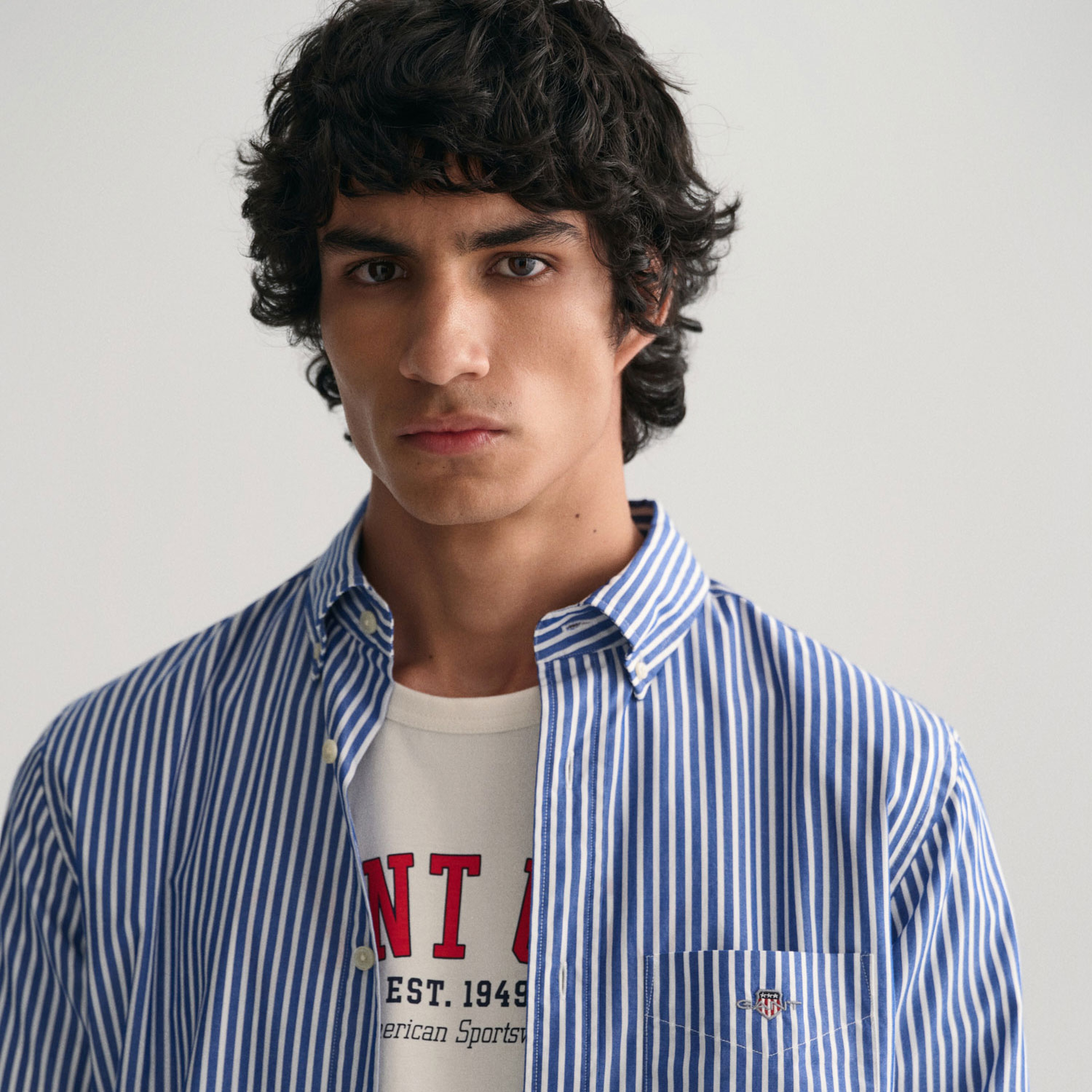 GANT Erkek Mavi Regular Fit Düğmeli Yaka Çizgili Poplin Gömlek