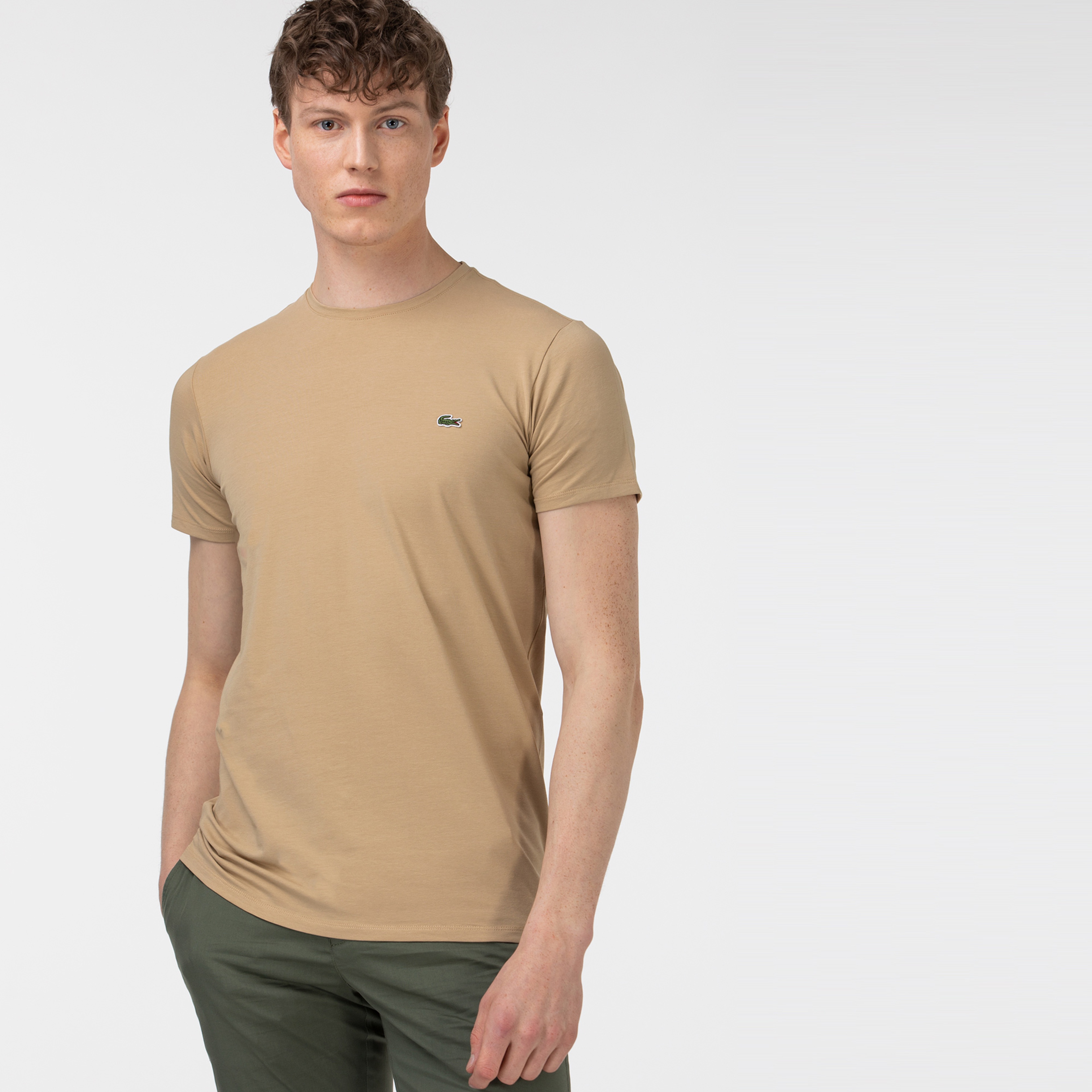 Erkek Slim Fit Bisiklet Yaka Bej T-Shirt