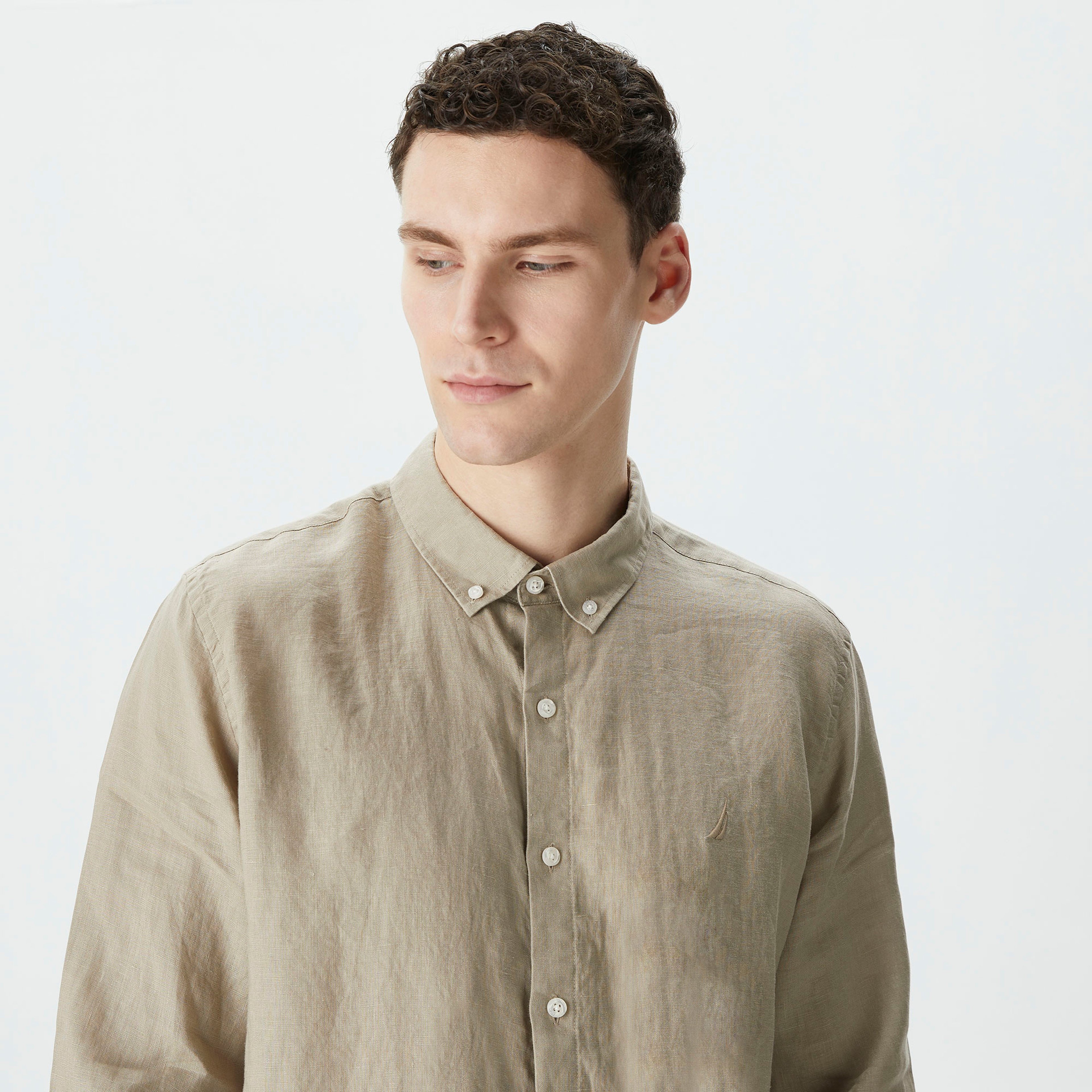 Nautica Erkek Bej Classic Fit Uzun Kollu Keten Gömlek