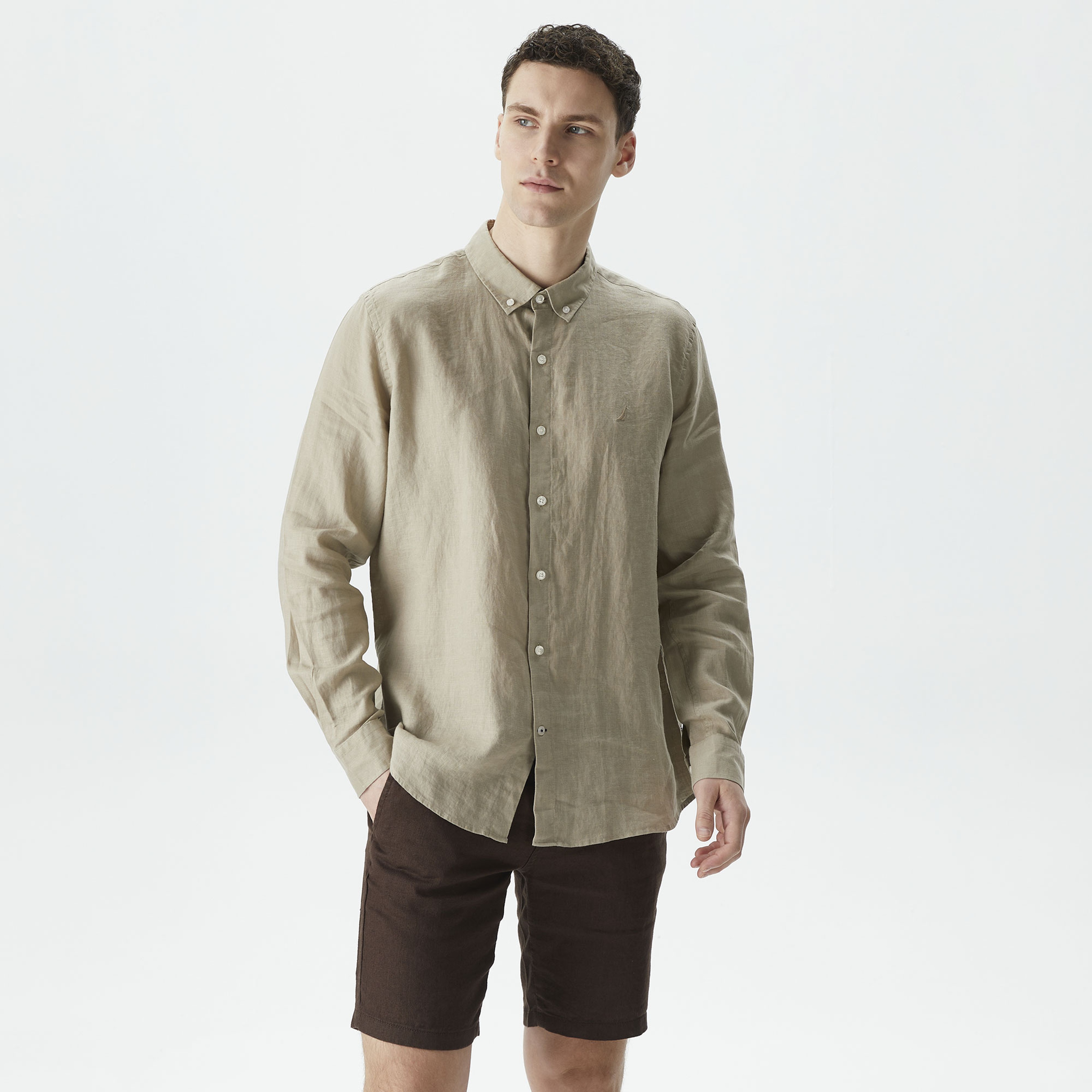 Nautica Erkek Bej Classic Fit Uzun Kollu Keten Gömlek