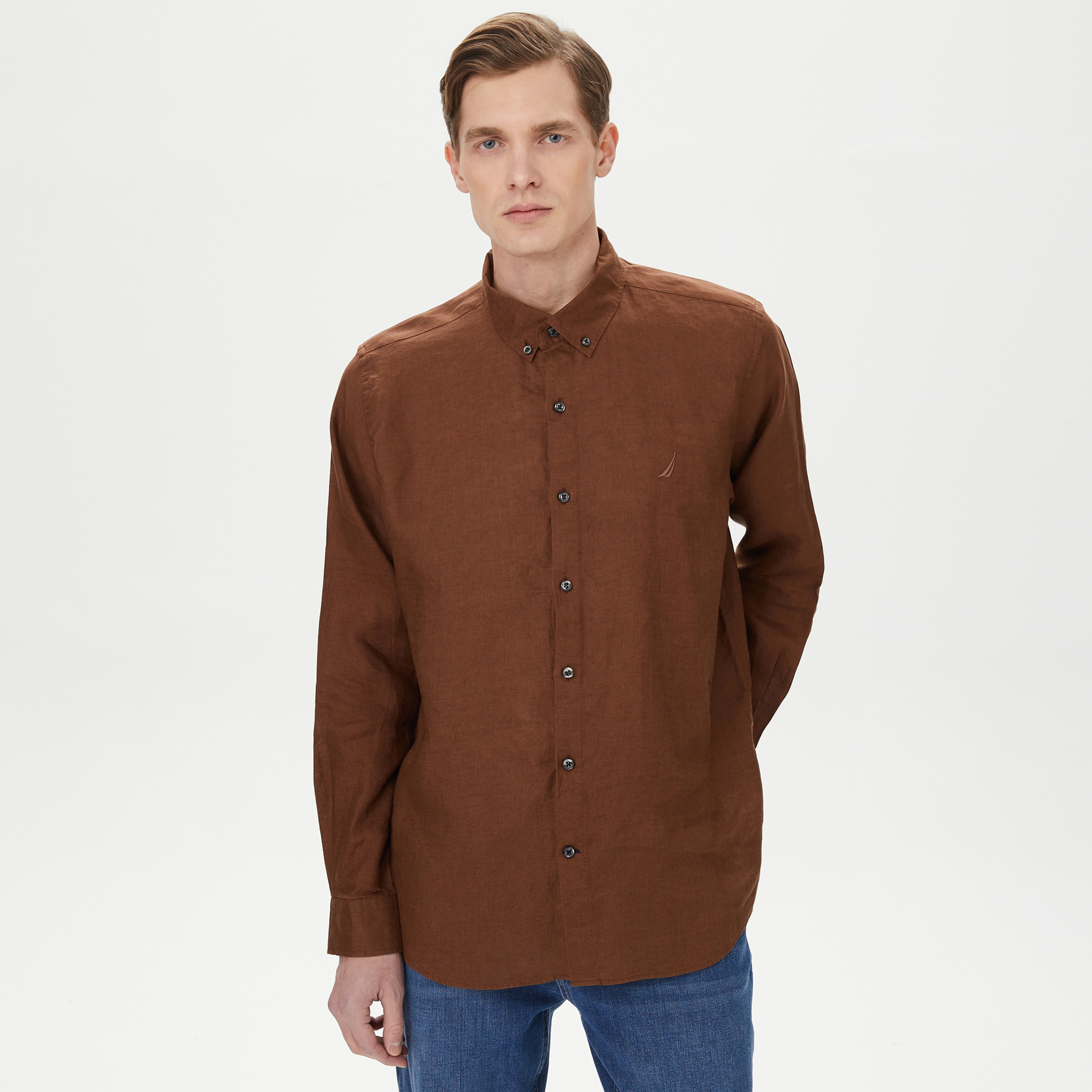 Nautica Erkek Kahverengi Classic Fit Uzun Kollu Keten Gömlek