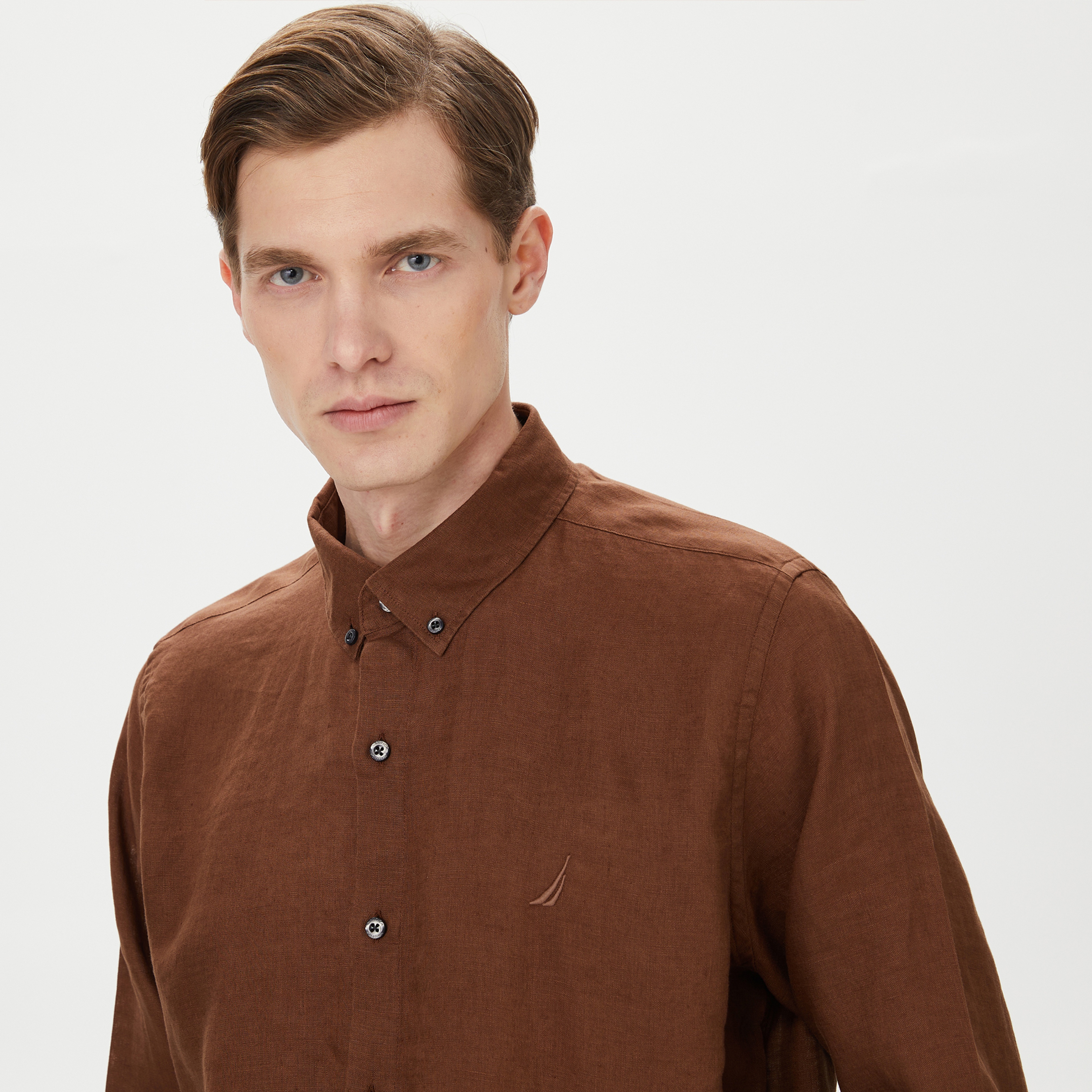Nautica Erkek Kahverengi Classic Fit Uzun Kollu Keten Gömlek