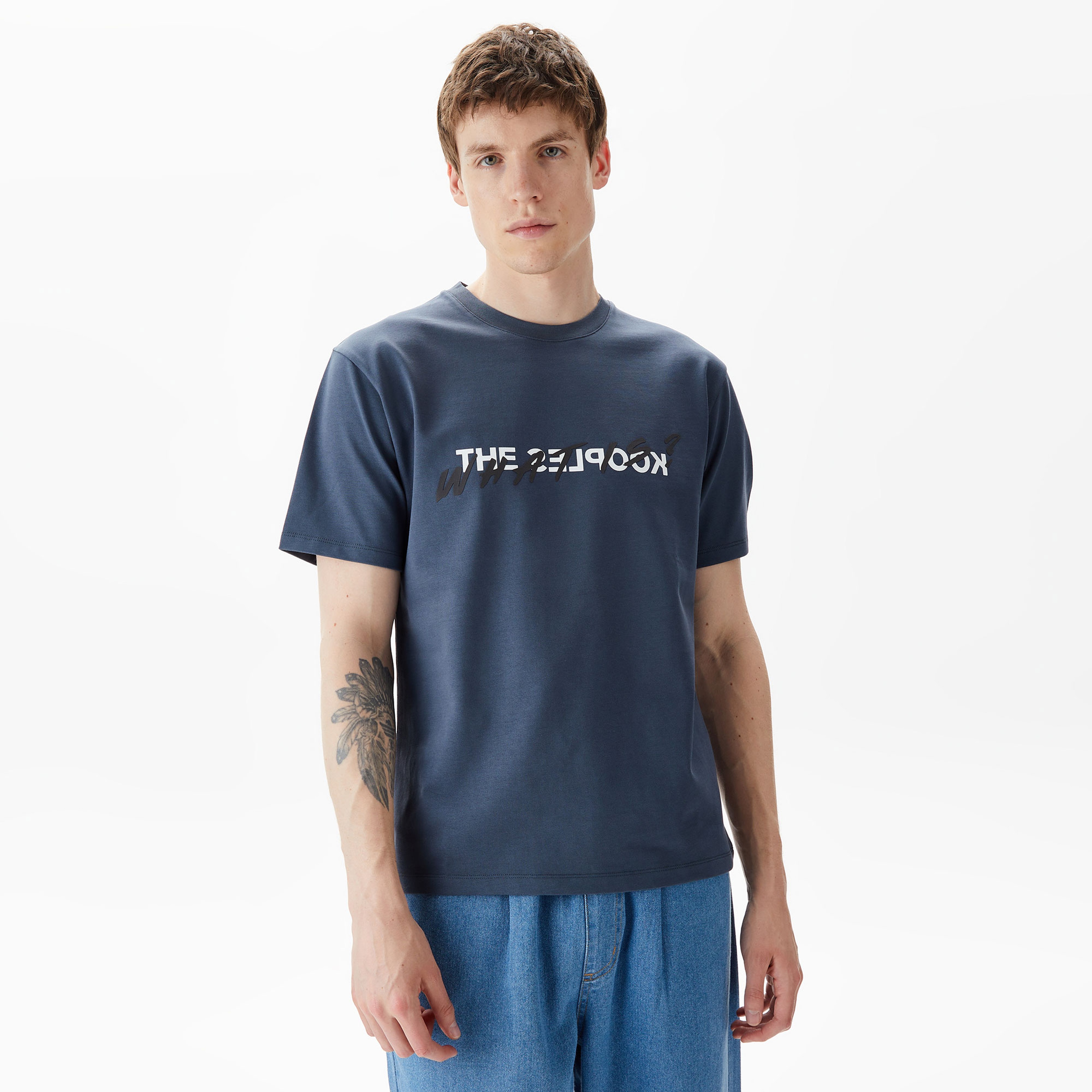 ERKEK BASKILI BİSİKLET YAKA MAVİ  T-SHIRT