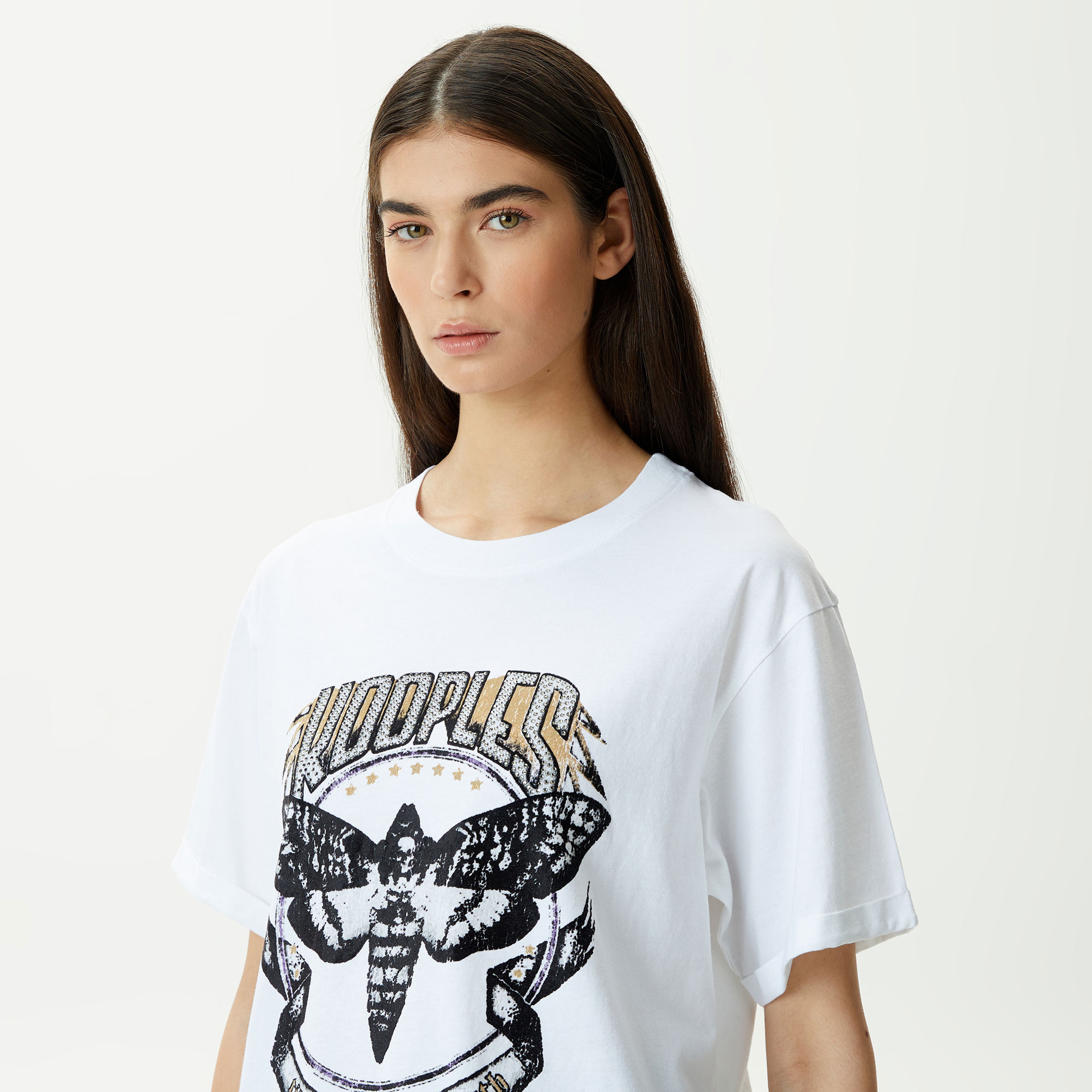 KADIN BASKILI BİSİKLET YAKA BEYAZ T-SHIRT