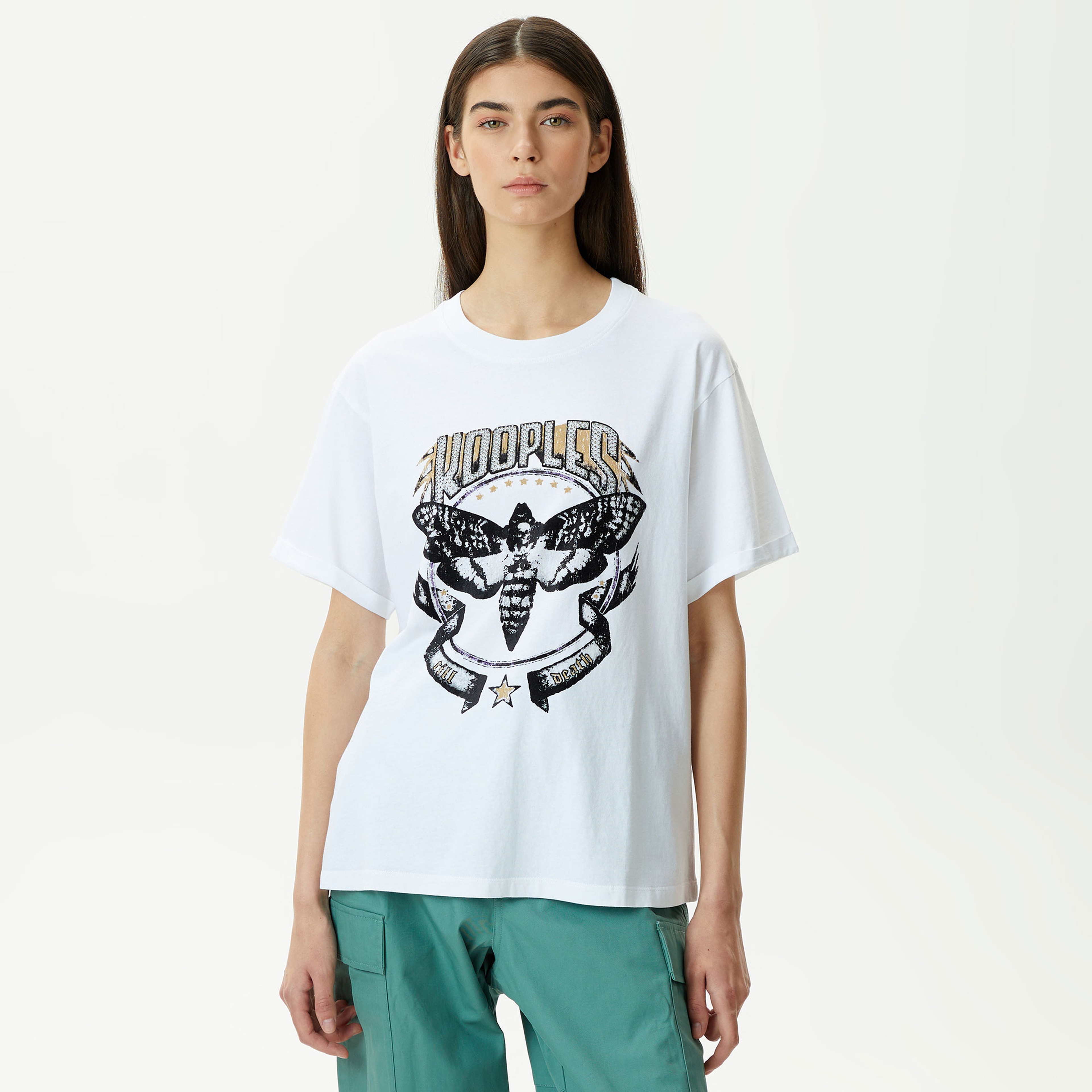 KADIN BASKILI BİSİKLET YAKA BEYAZ T-SHIRT