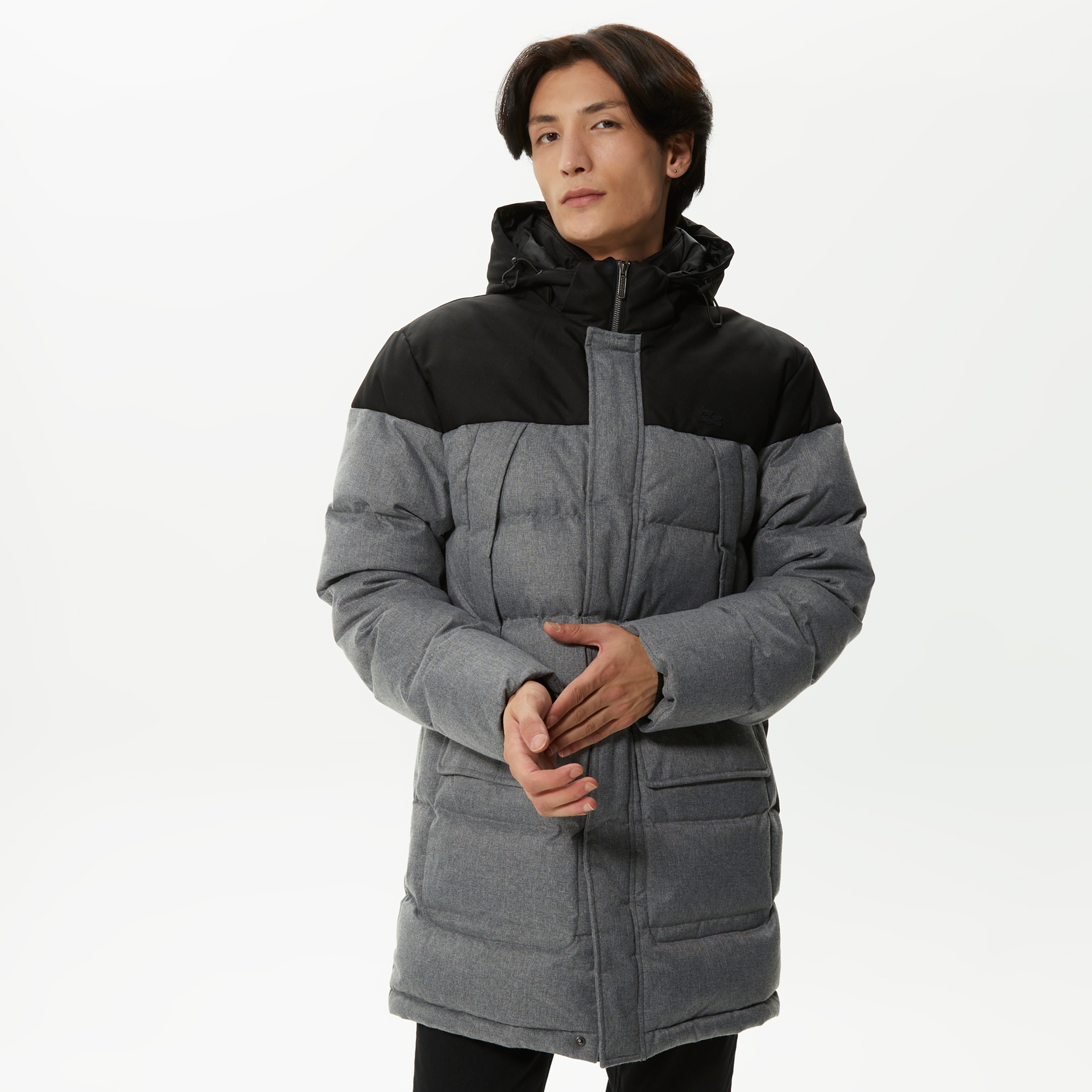 Lacoste Erkek Kapüşonlu Kapitone Renk Bloklu Gri Mont