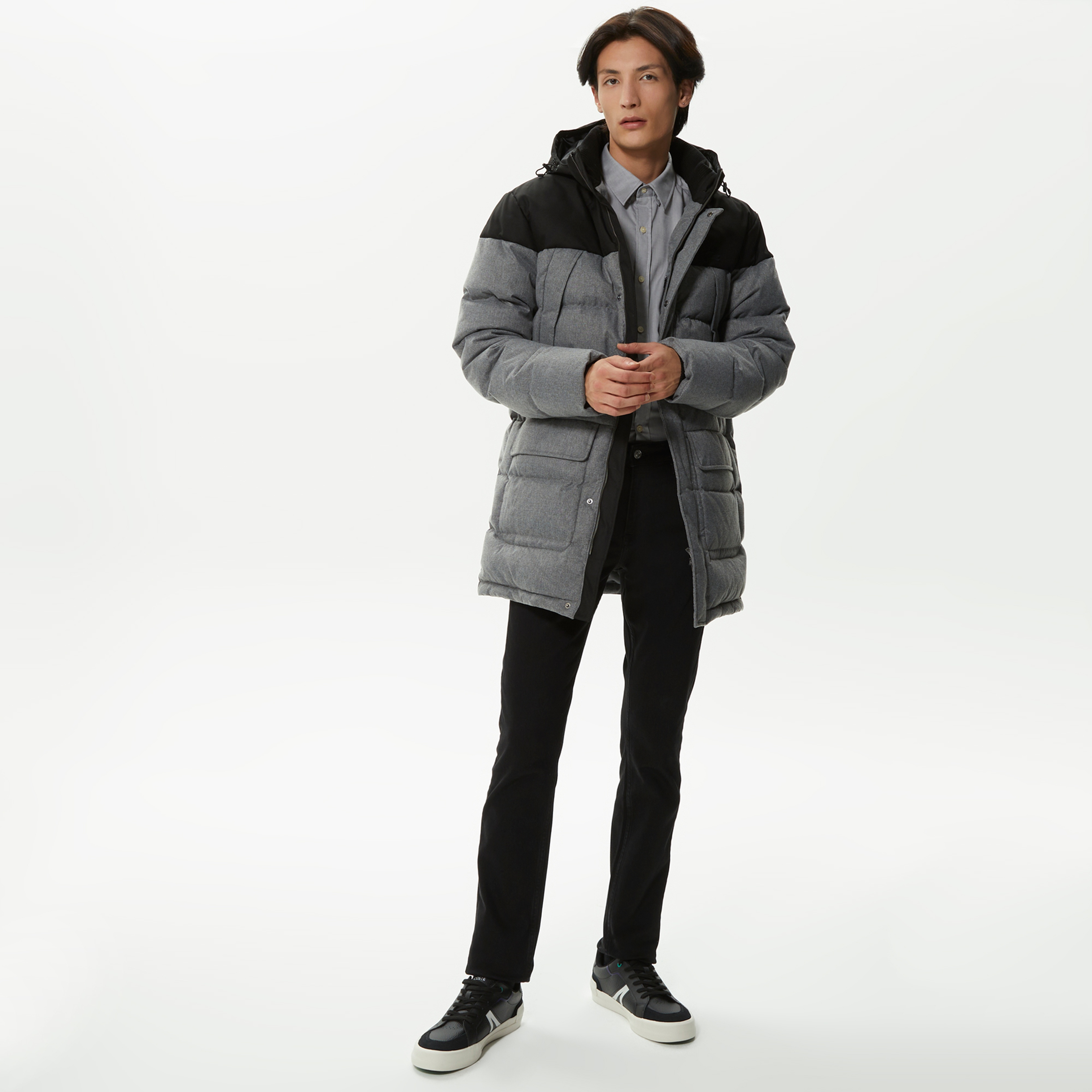 Lacoste Erkek Kapüşonlu Kapitone Renk Bloklu Gri Mont