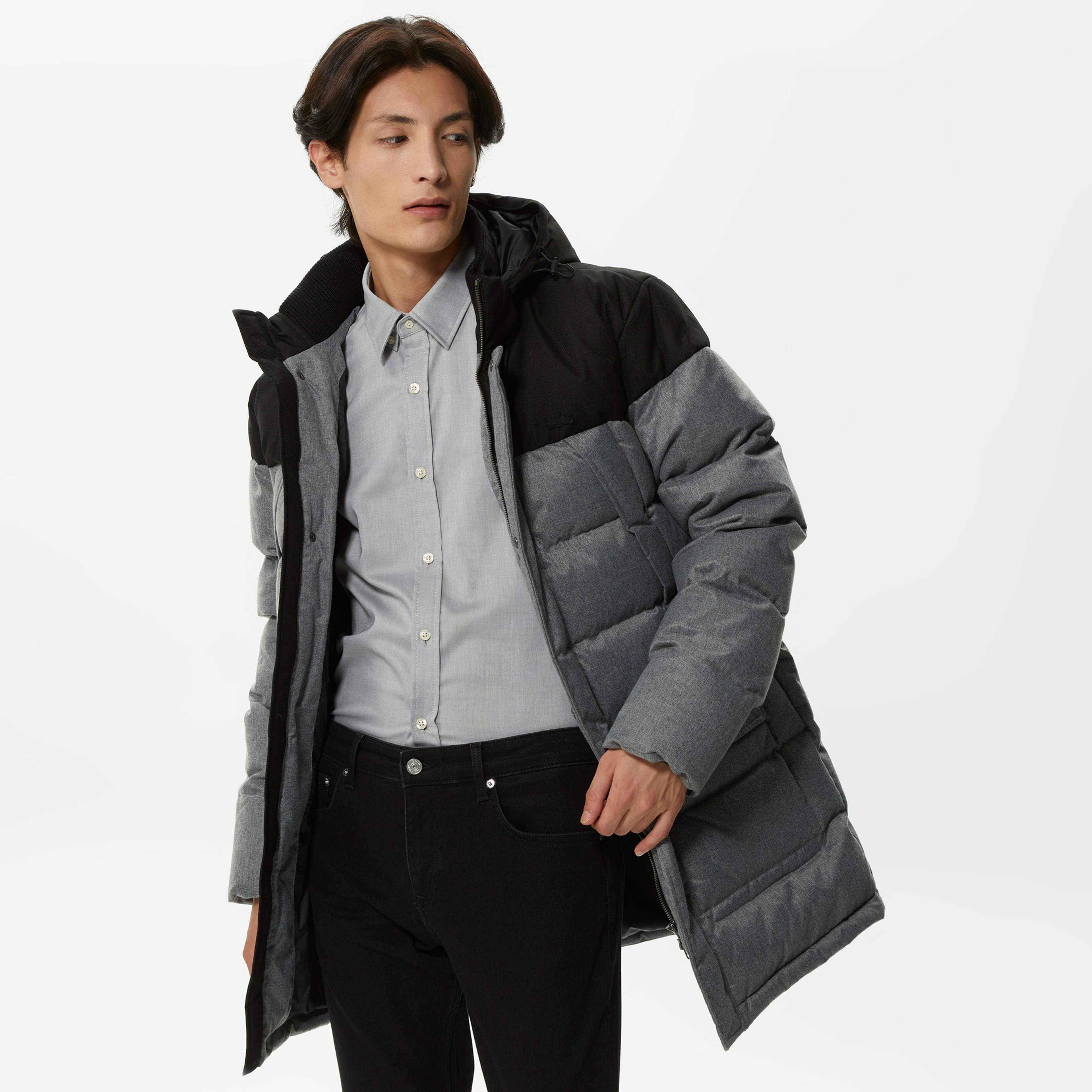 Lacoste Erkek Kapüşonlu Kapitone Renk Bloklu Gri Mont