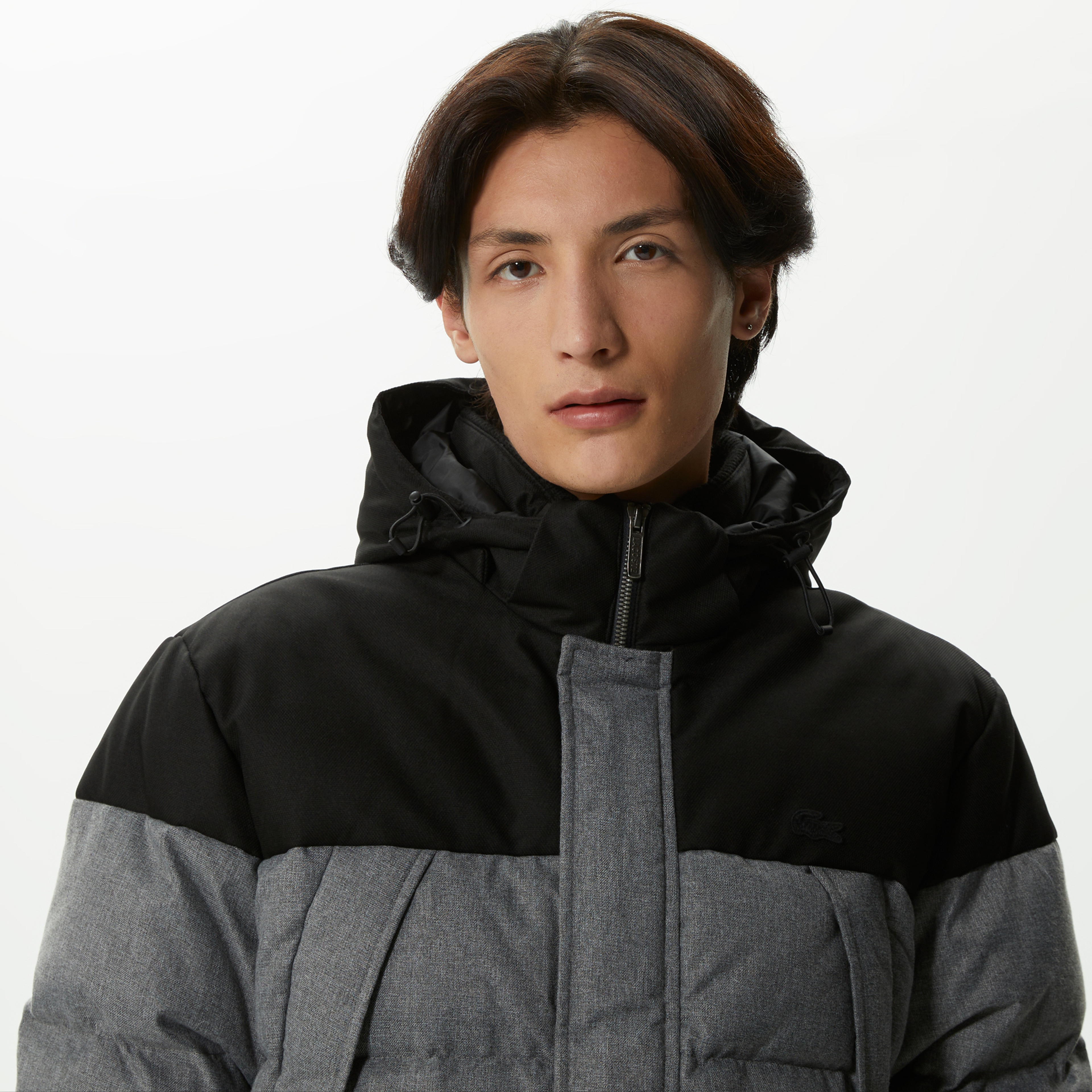 Lacoste Erkek Kapüşonlu Kapitone Renk Bloklu Gri Mont