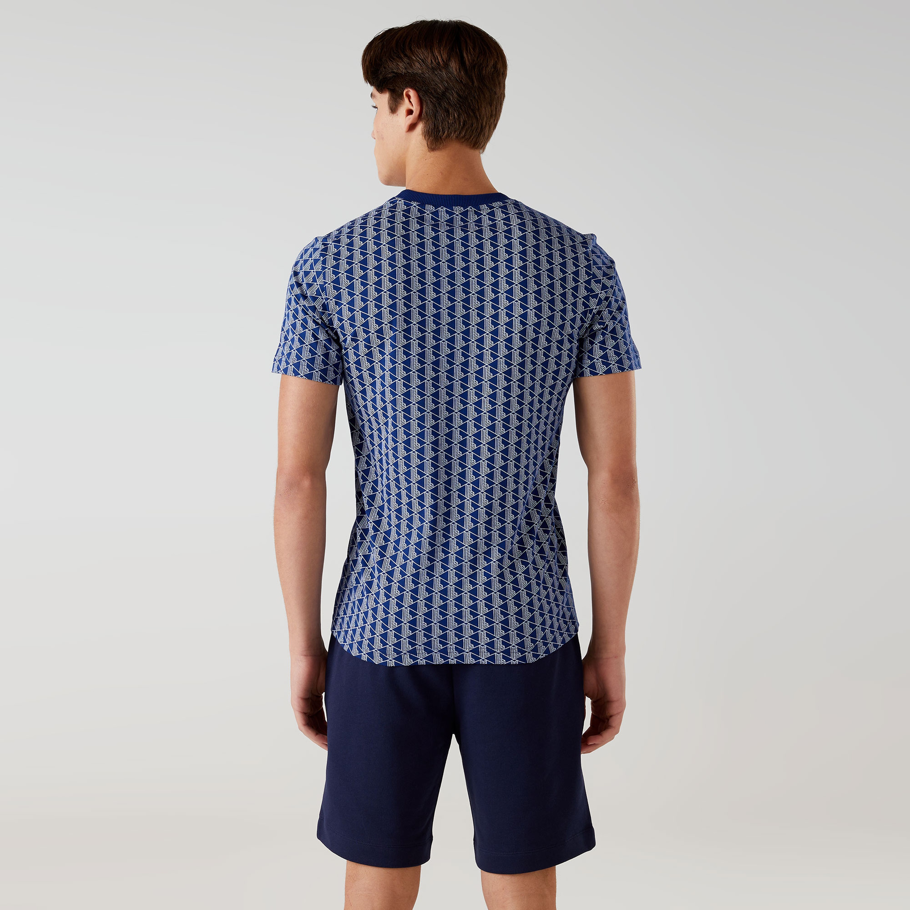 Erkek Slim Fit Bisiklet Yaka Monogram Mavi T-Shirt