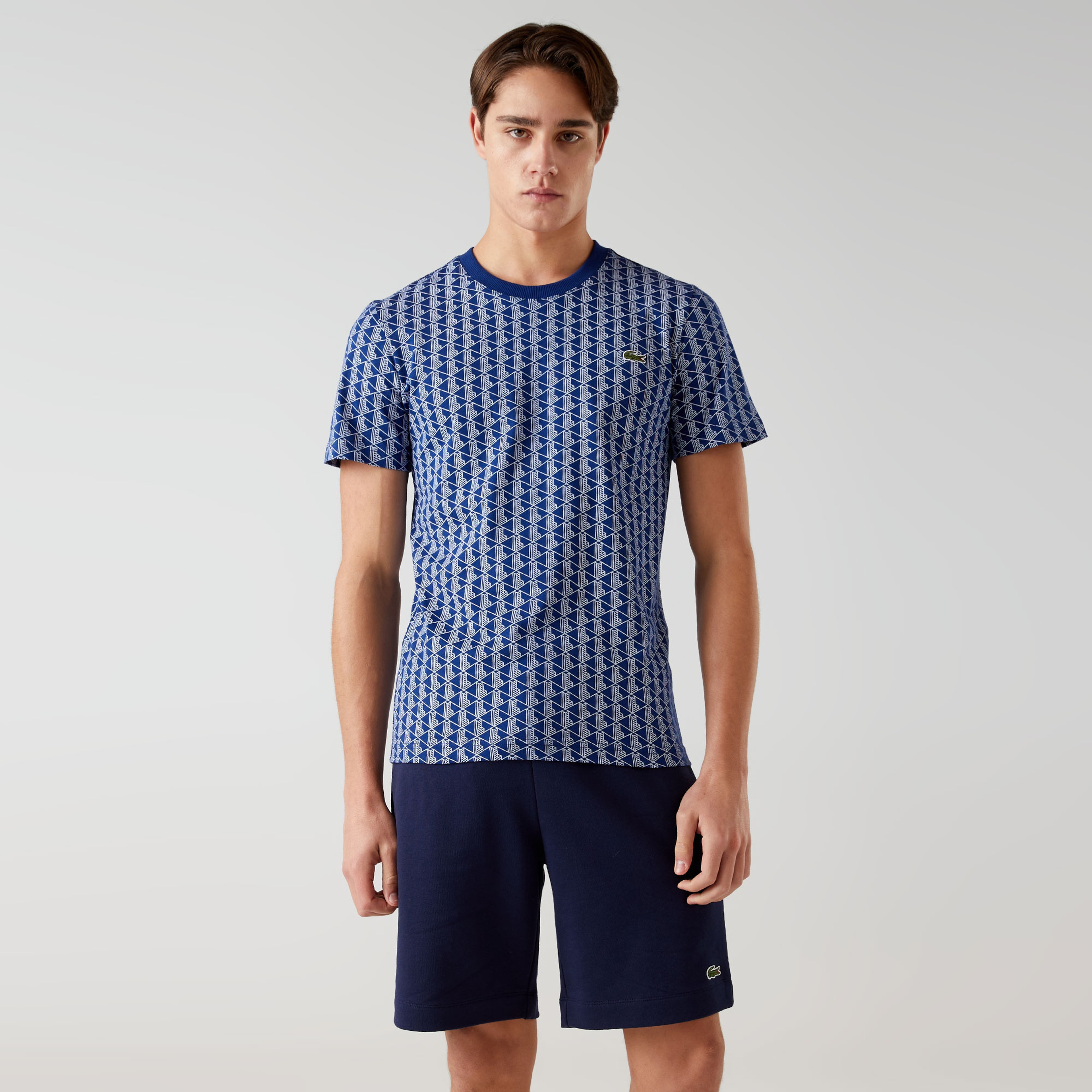 Erkek Slim Fit Bisiklet Yaka Monogram Mavi T-Shirt
