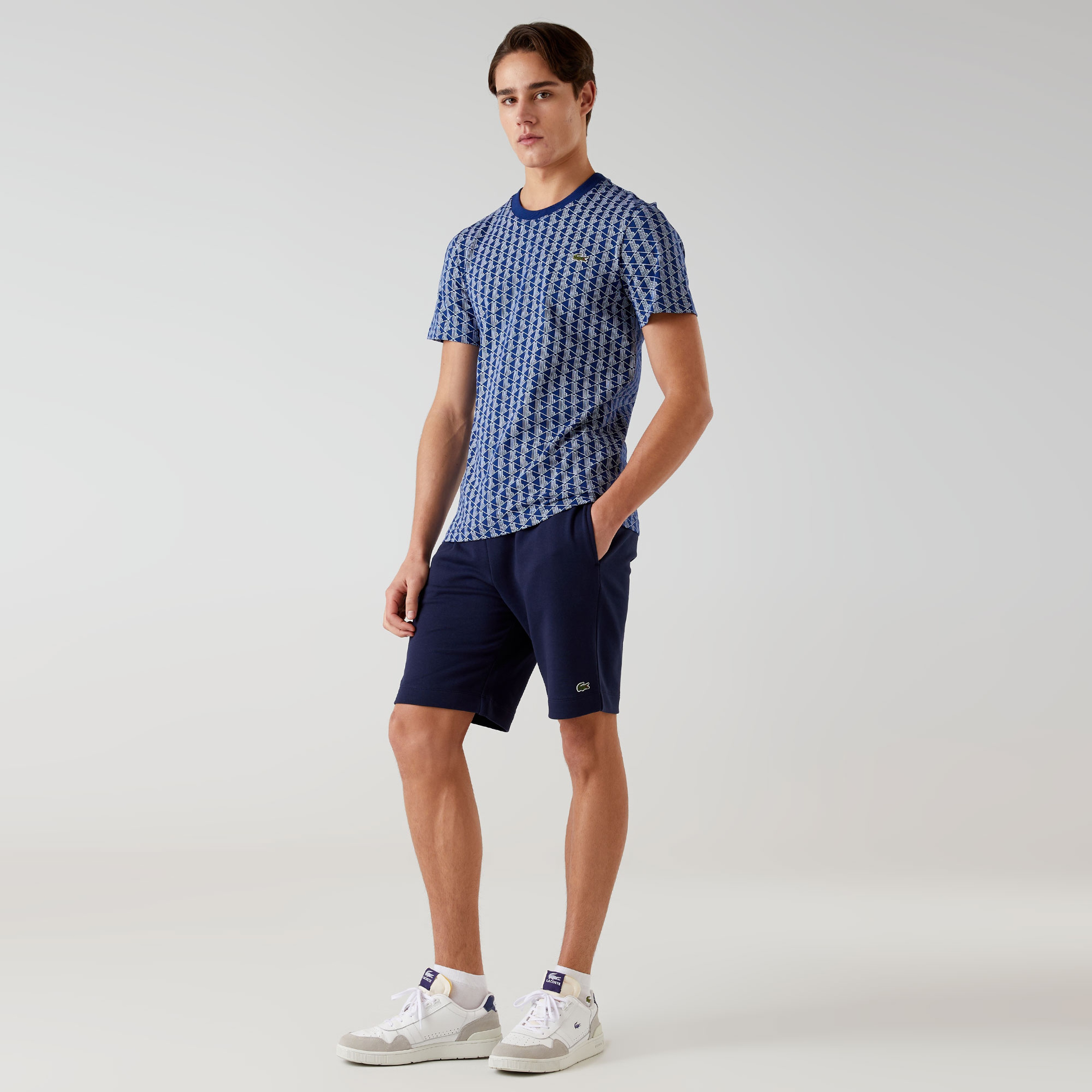 Erkek Slim Fit Bisiklet Yaka Monogram Mavi T-Shirt