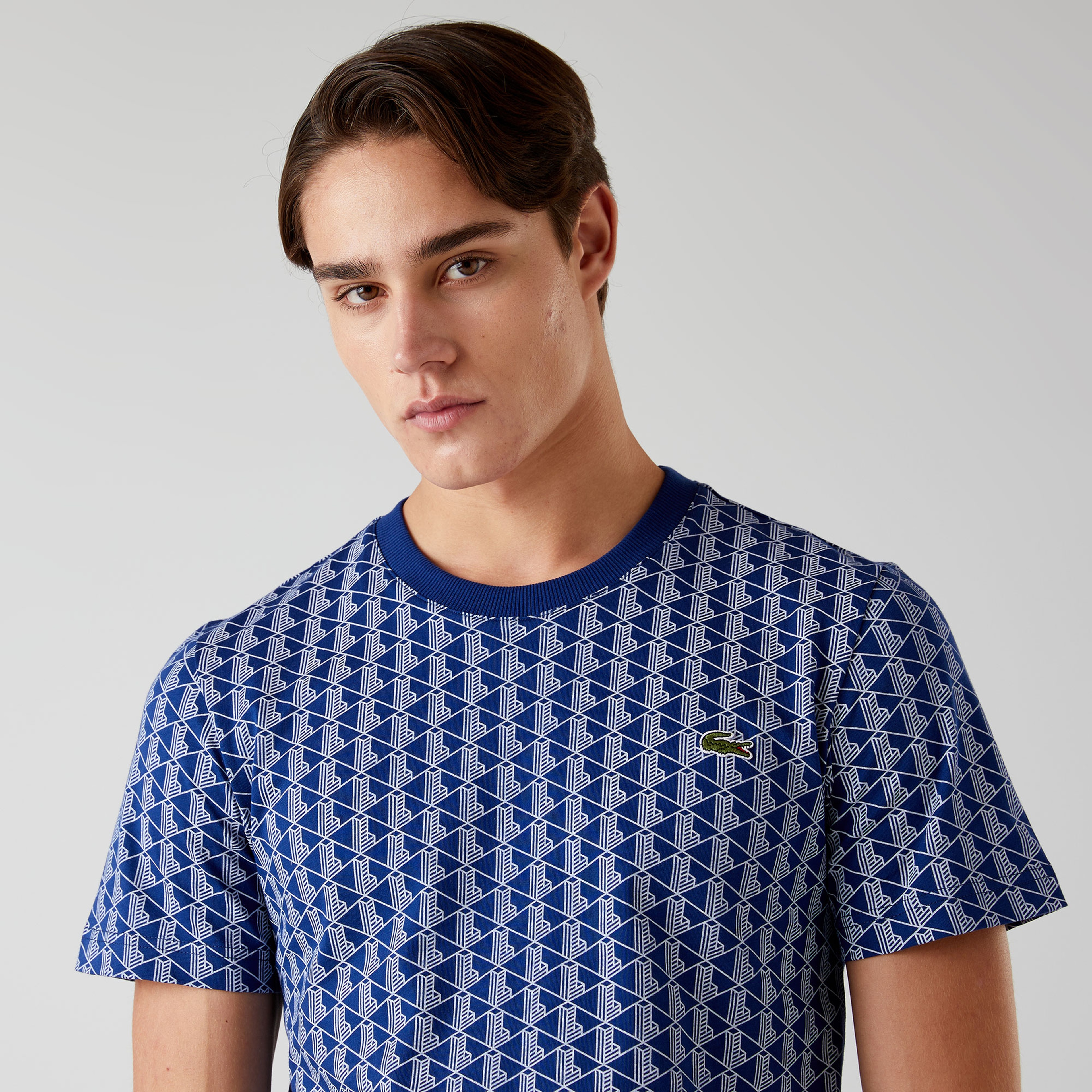 Erkek Slim Fit Bisiklet Yaka Monogram Mavi T-Shirt