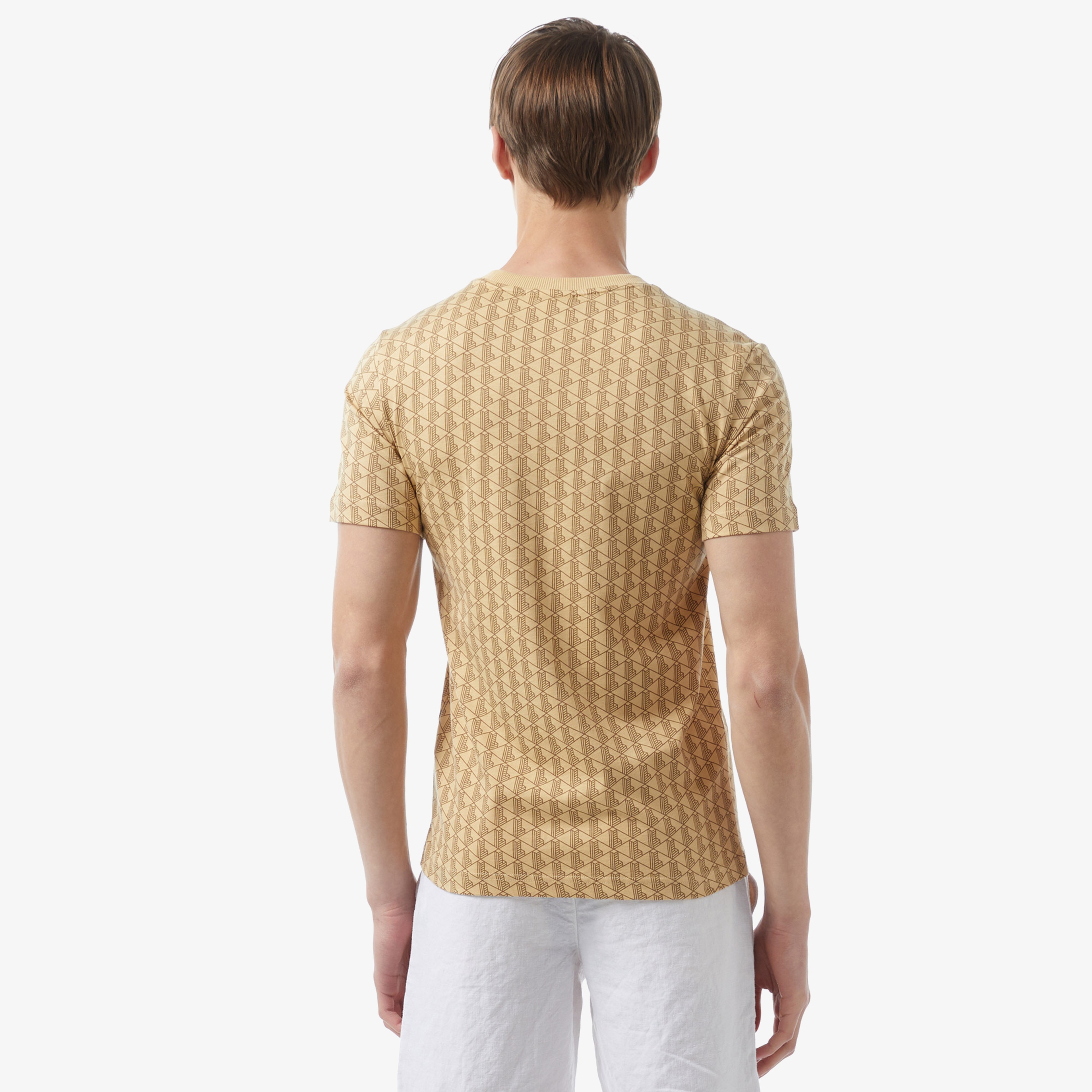 Erkek Slim Fit Bisiklet Yaka Monogram Bej T-Shirt
