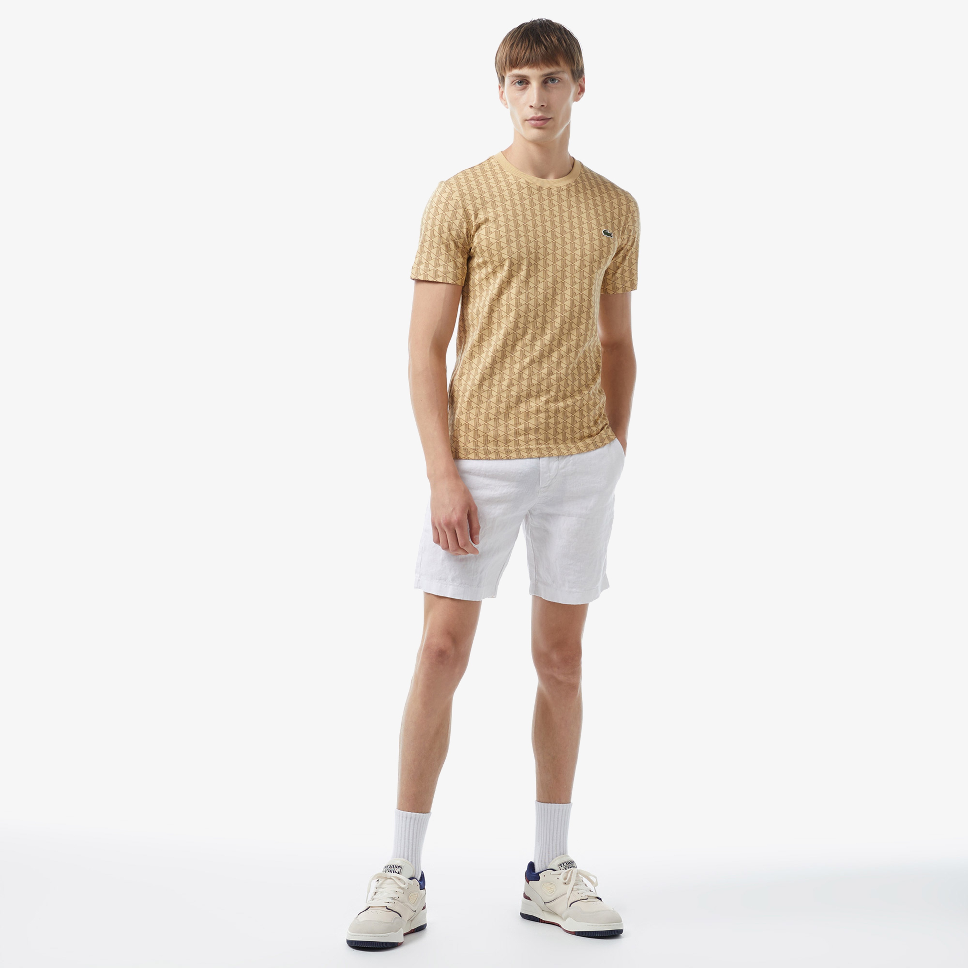 Erkek Slim Fit Bisiklet Yaka Monogram Bej T-Shirt