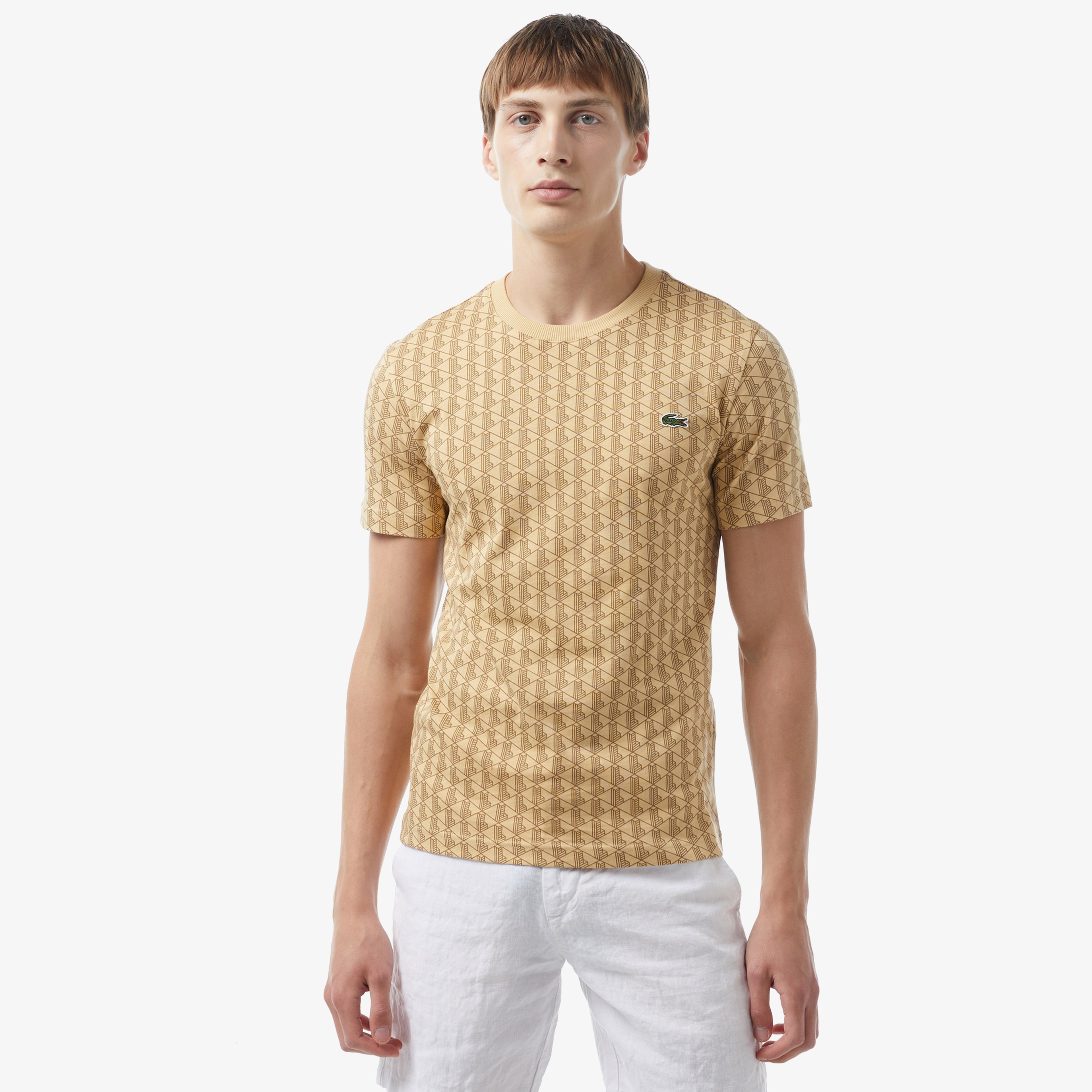 Erkek Slim Fit Bisiklet Yaka Monogram Bej T-Shirt