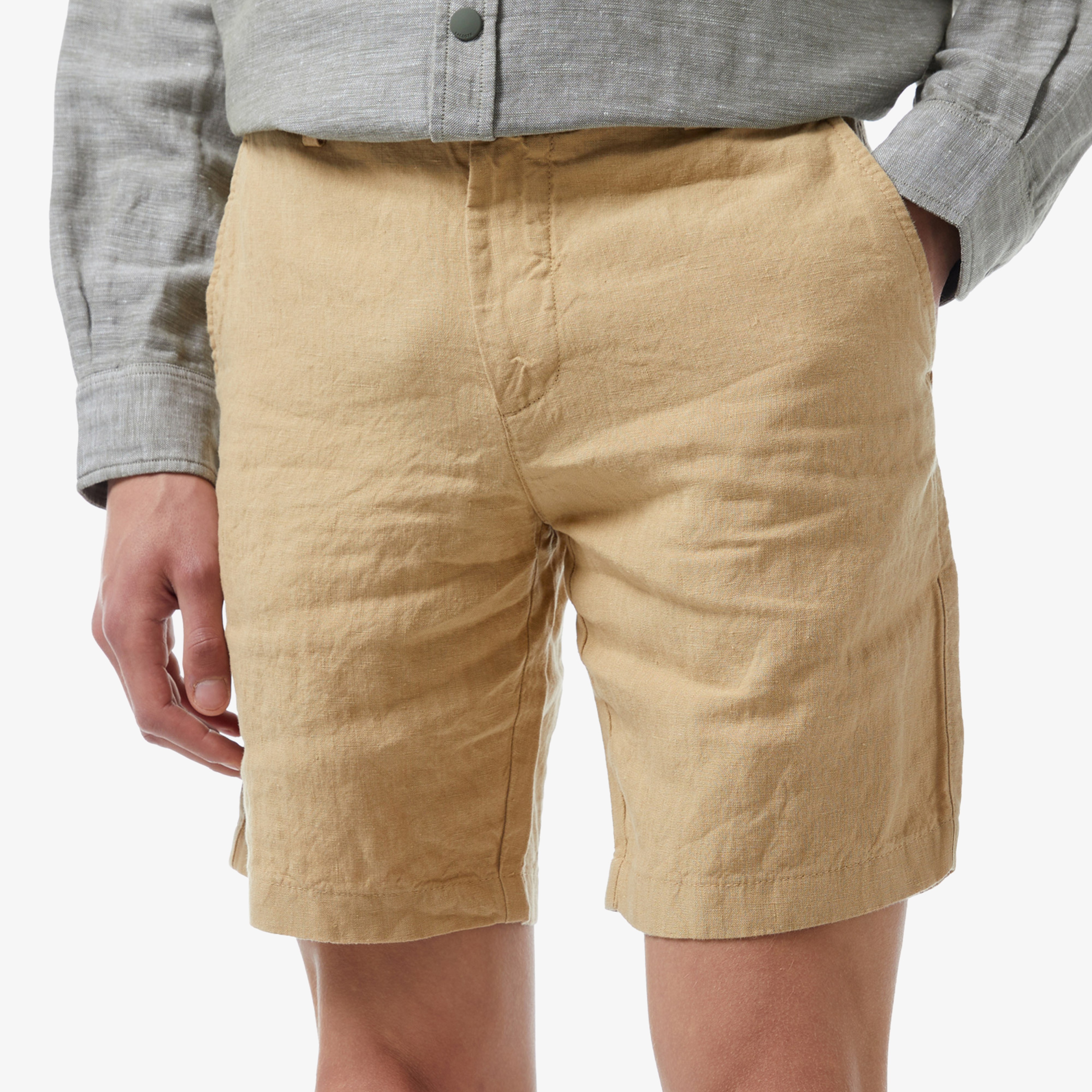 Erkek Slim Fit Keten Bej Bermuda