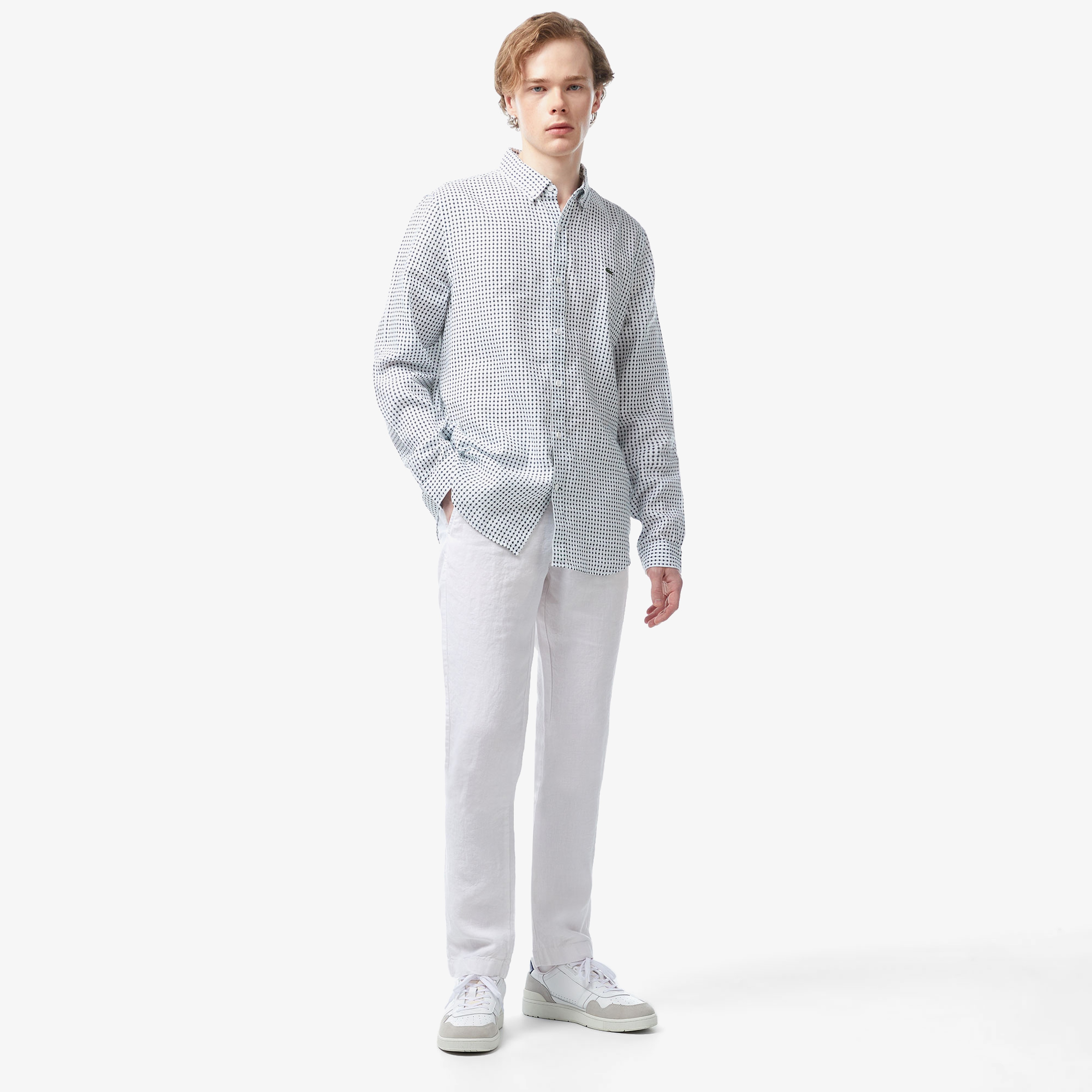 Erkek Regular Fit Düğmeli Yaka Baskılı Beyaz Gömlek