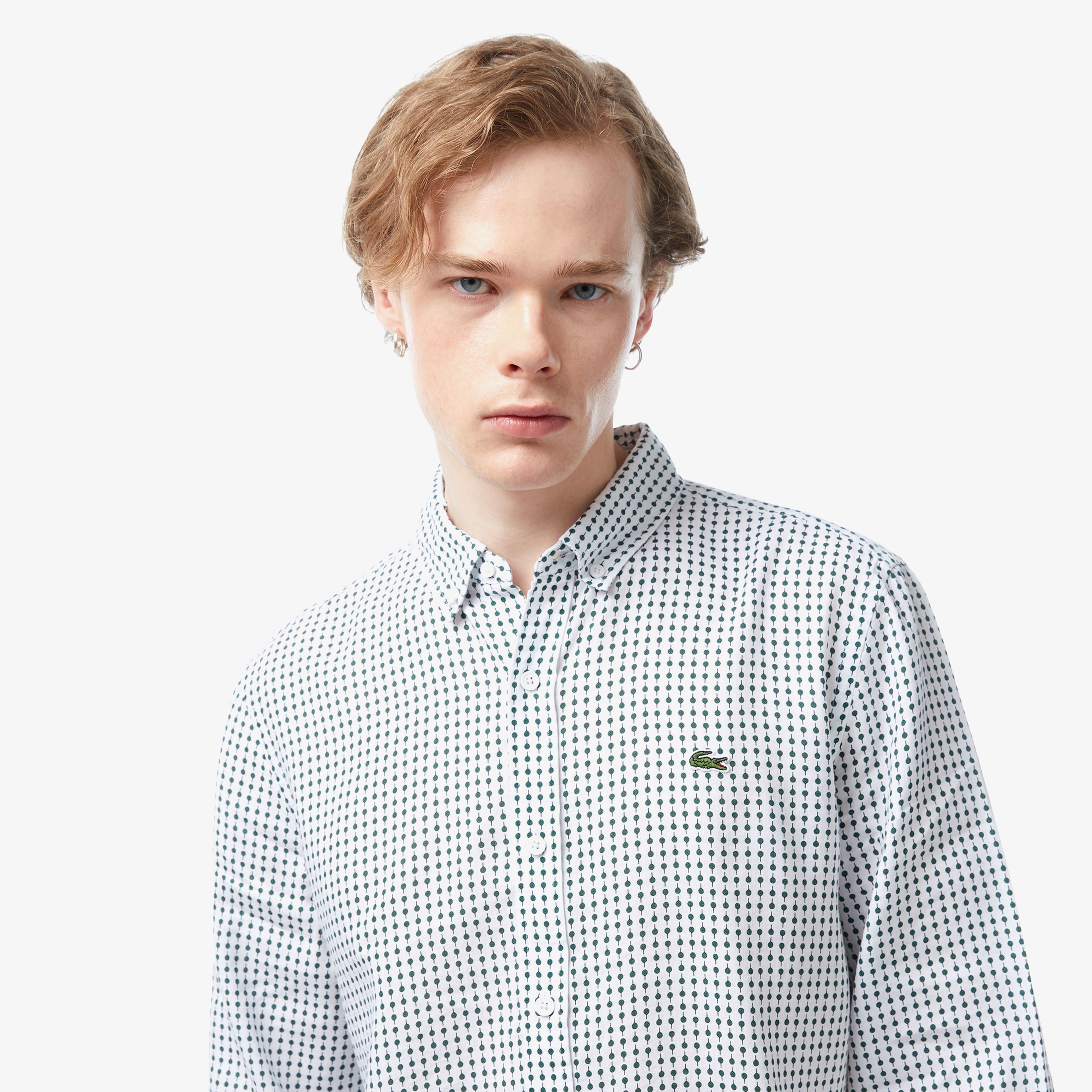 Erkek Regular Fit Düğmeli Yaka Baskılı Beyaz Gömlek