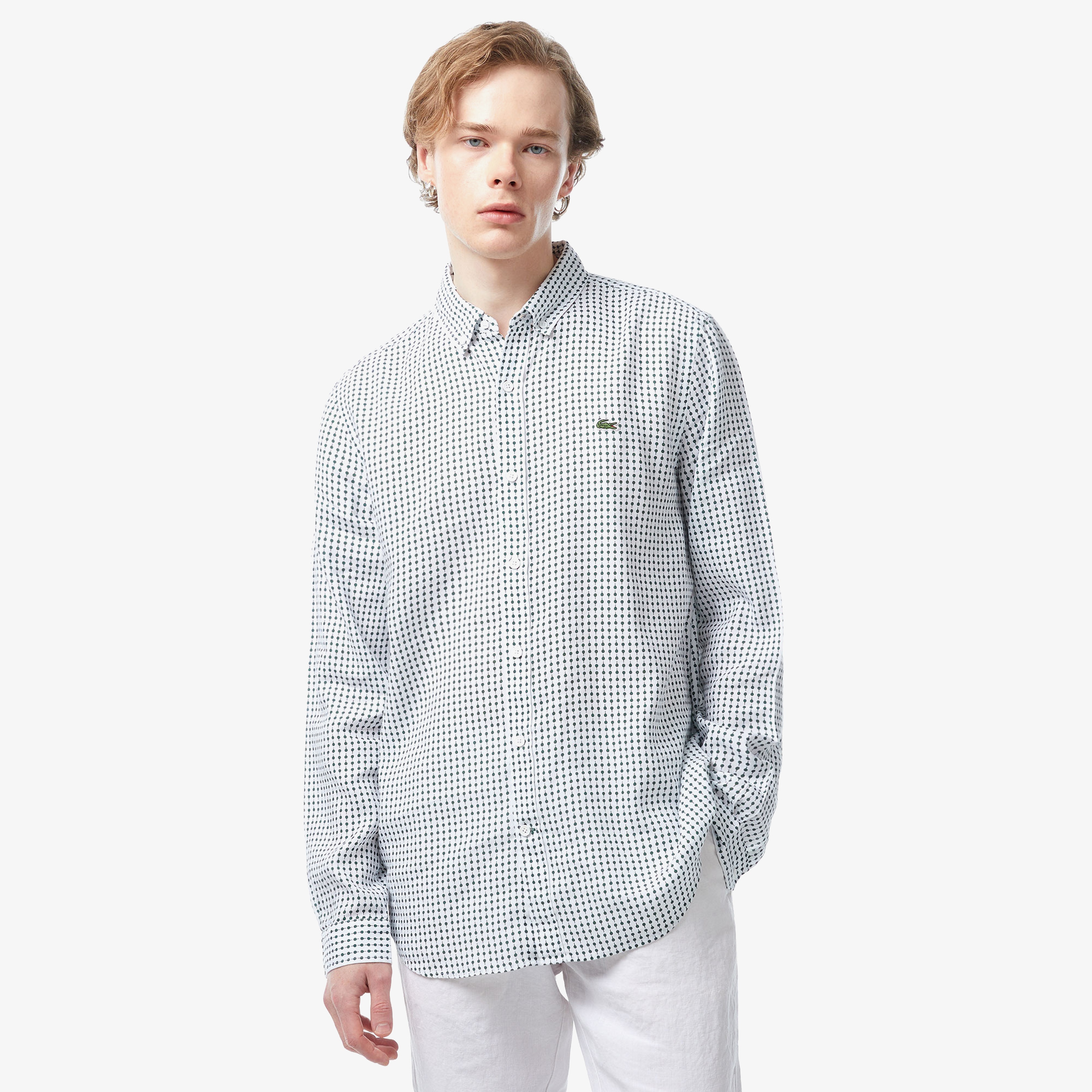 Erkek Regular Fit Düğmeli Yaka Baskılı Beyaz Gömlek