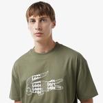 Erkek Oversize Fit Bisiklet Yaka Baskılı Haki T-Shirt