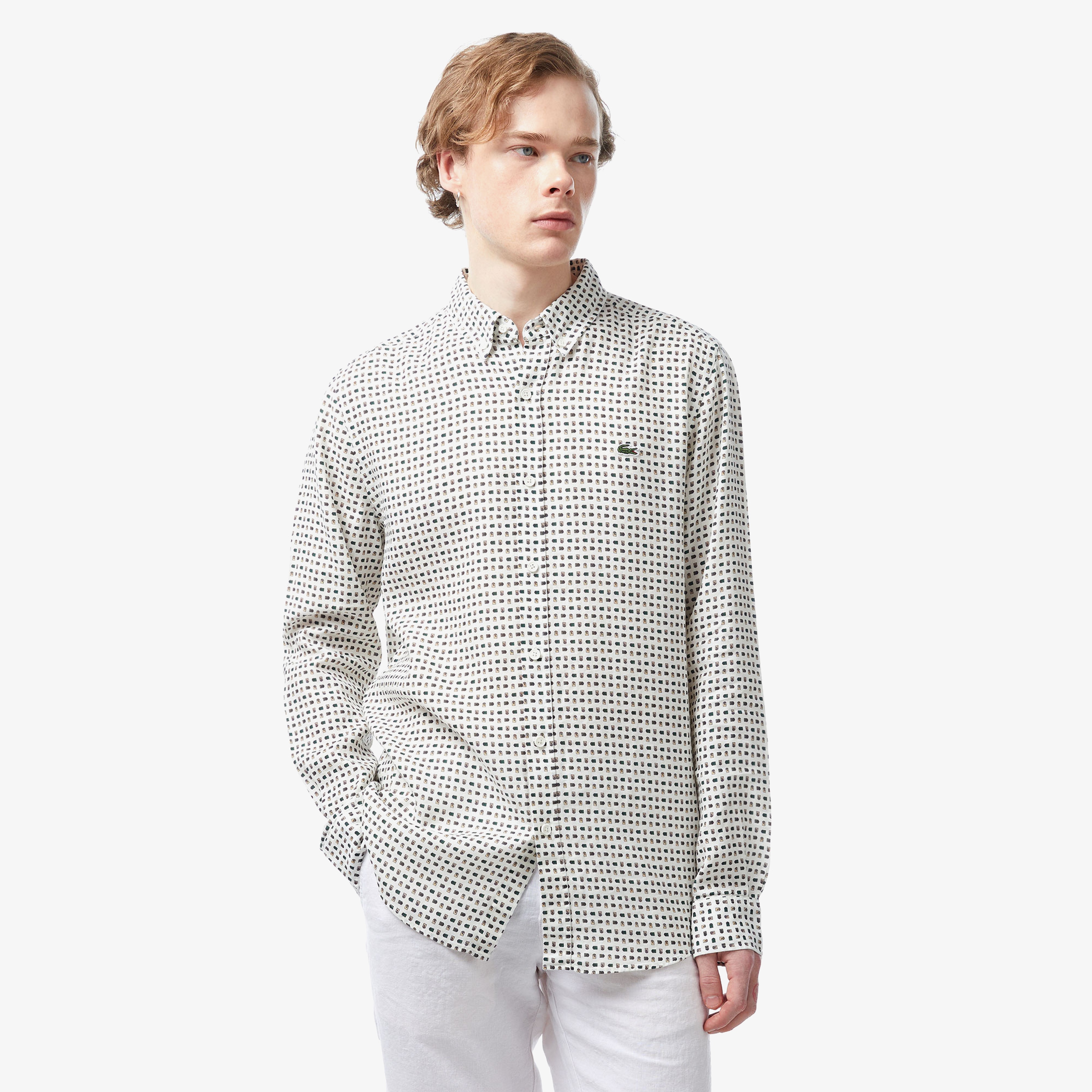 Erkek Slim Fit Düğmeli Yaka Desenli Bej Gömlek