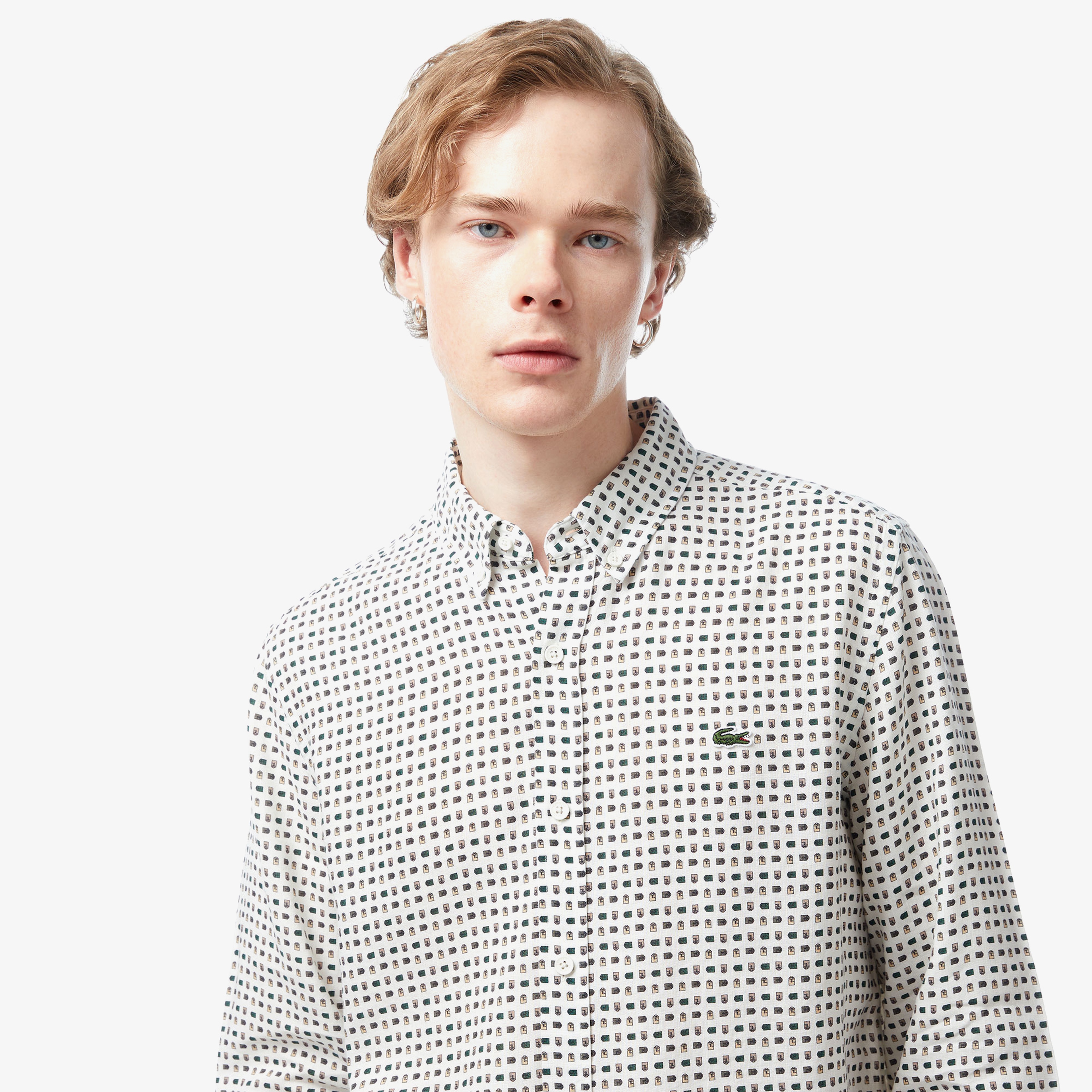 Erkek Slim Fit Düğmeli Yaka Desenli Bej Gömlek