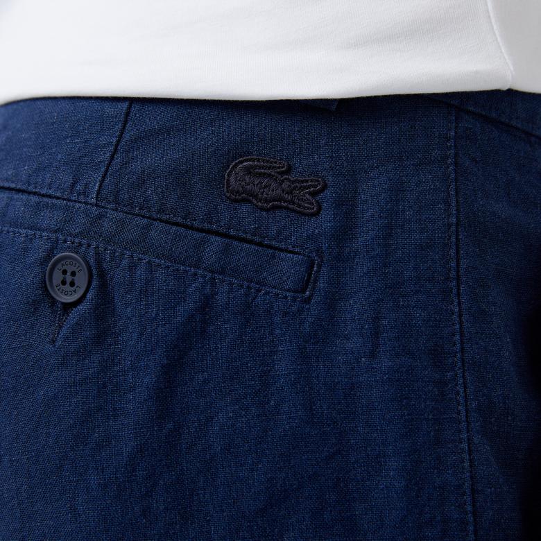 Erkek Slim Fit Keten Lacivert Bermuda