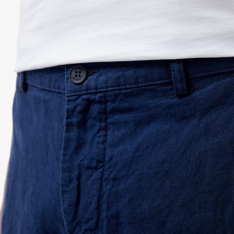 Erkek Slim Fit Keten Lacivert Bermuda