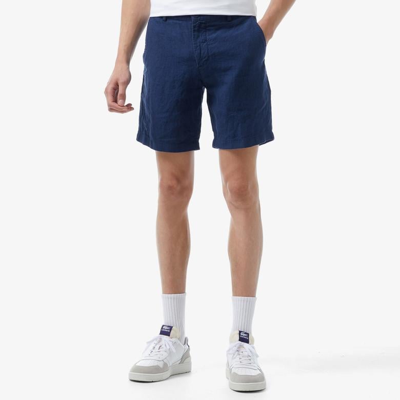 Erkek Slim Fit Keten Lacivert Bermuda