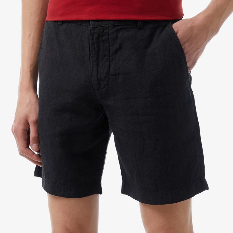 Erkek Slim Fit Keten Siyah Bermuda Şort