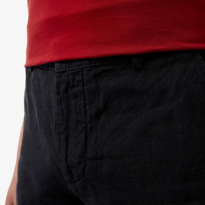 Erkek Slim Fit Keten Siyah Bermuda Şort