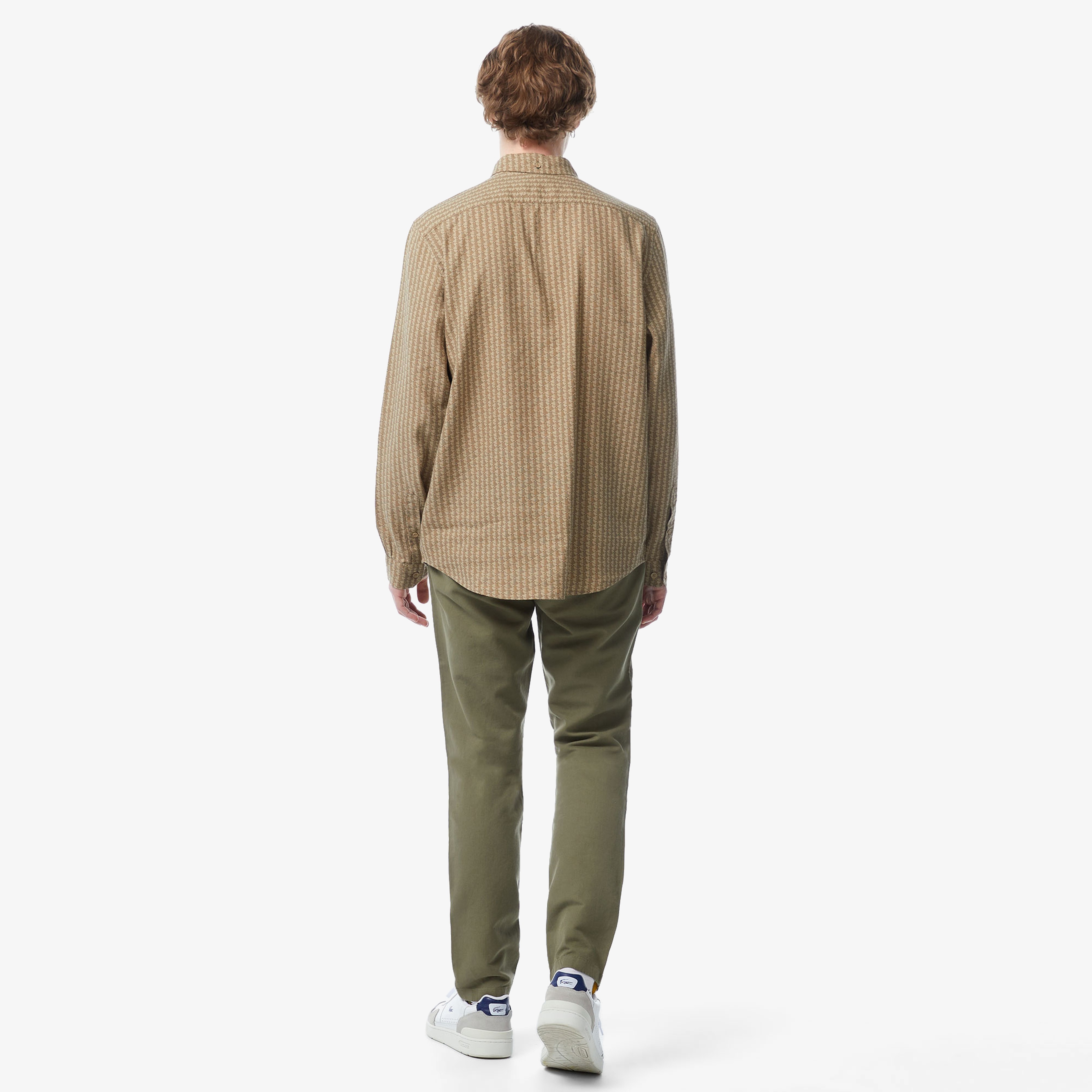 Erkek Regular Fit Düğmeli Yaka Monogram Bej Gömlek