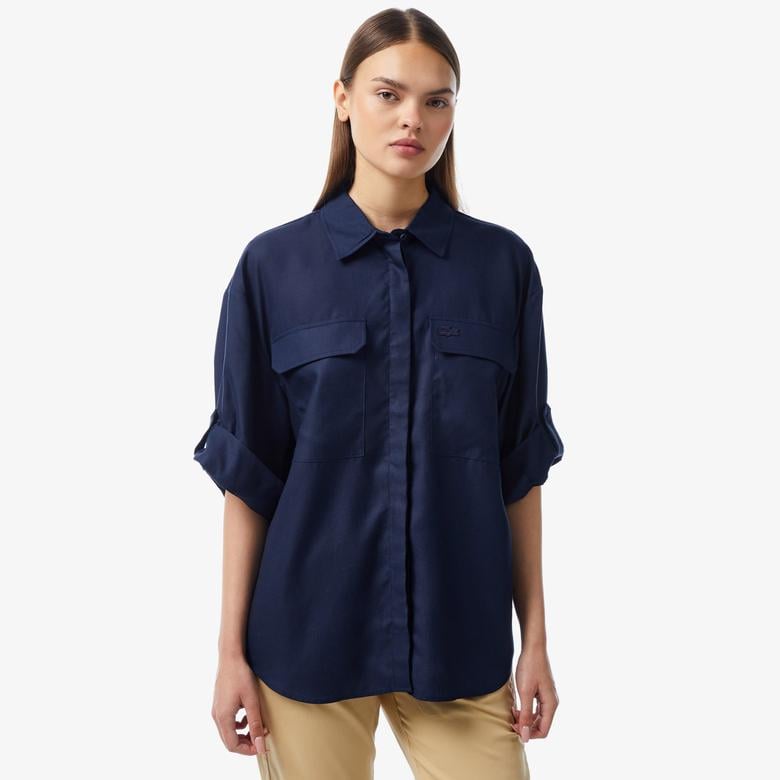 Kadın Relaxed Fit Uzun Kollu Lacivert Gömlek