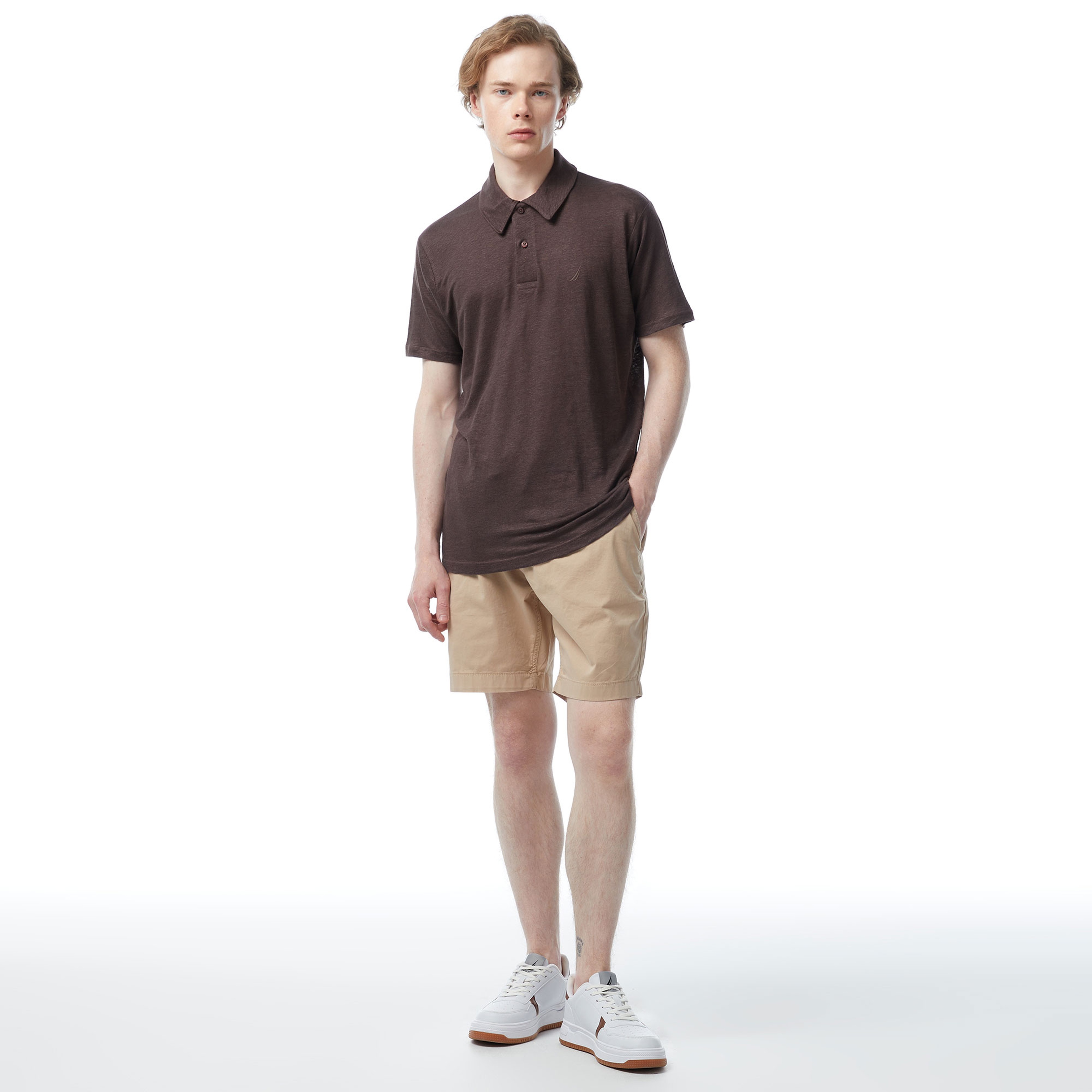 Nautica Erkek Kahverengi Classic Fit Kısa Kollu Keten Polo Yaka T-Shirt